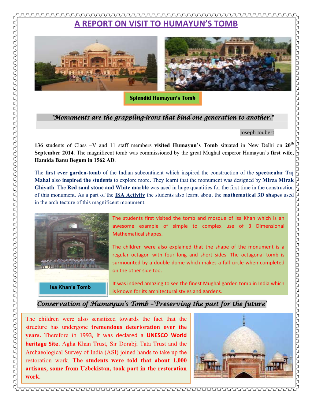 A Report on Visit to Humayun's Tomb