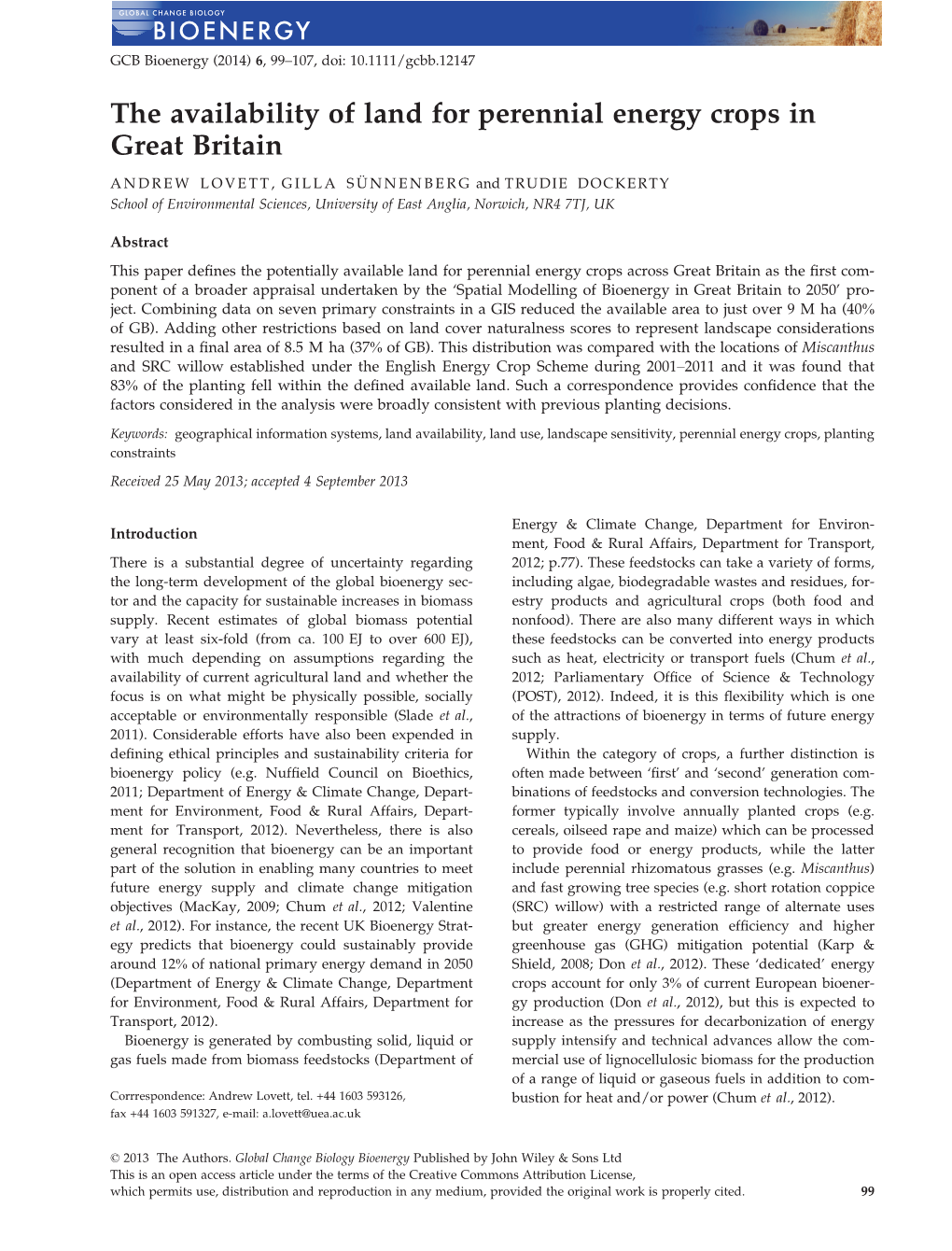 The Availability of Land for Perennial Energy Crops in Great Britain