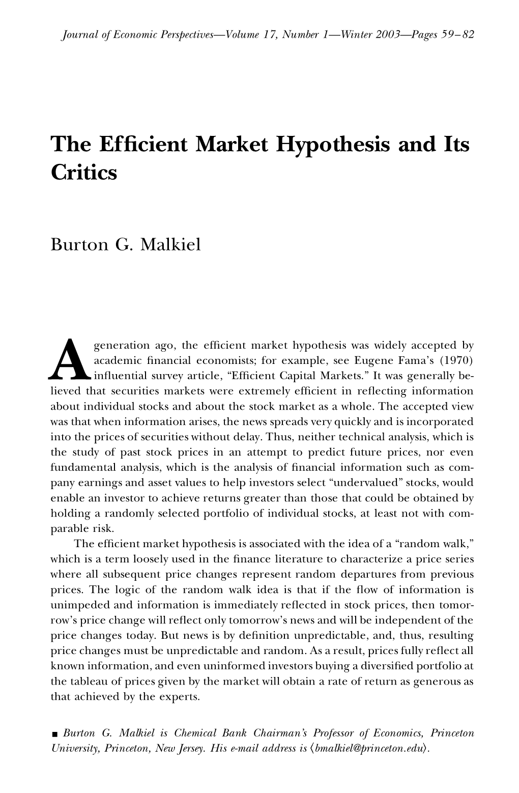 The Efficient Market Hypothesis and Its Critics