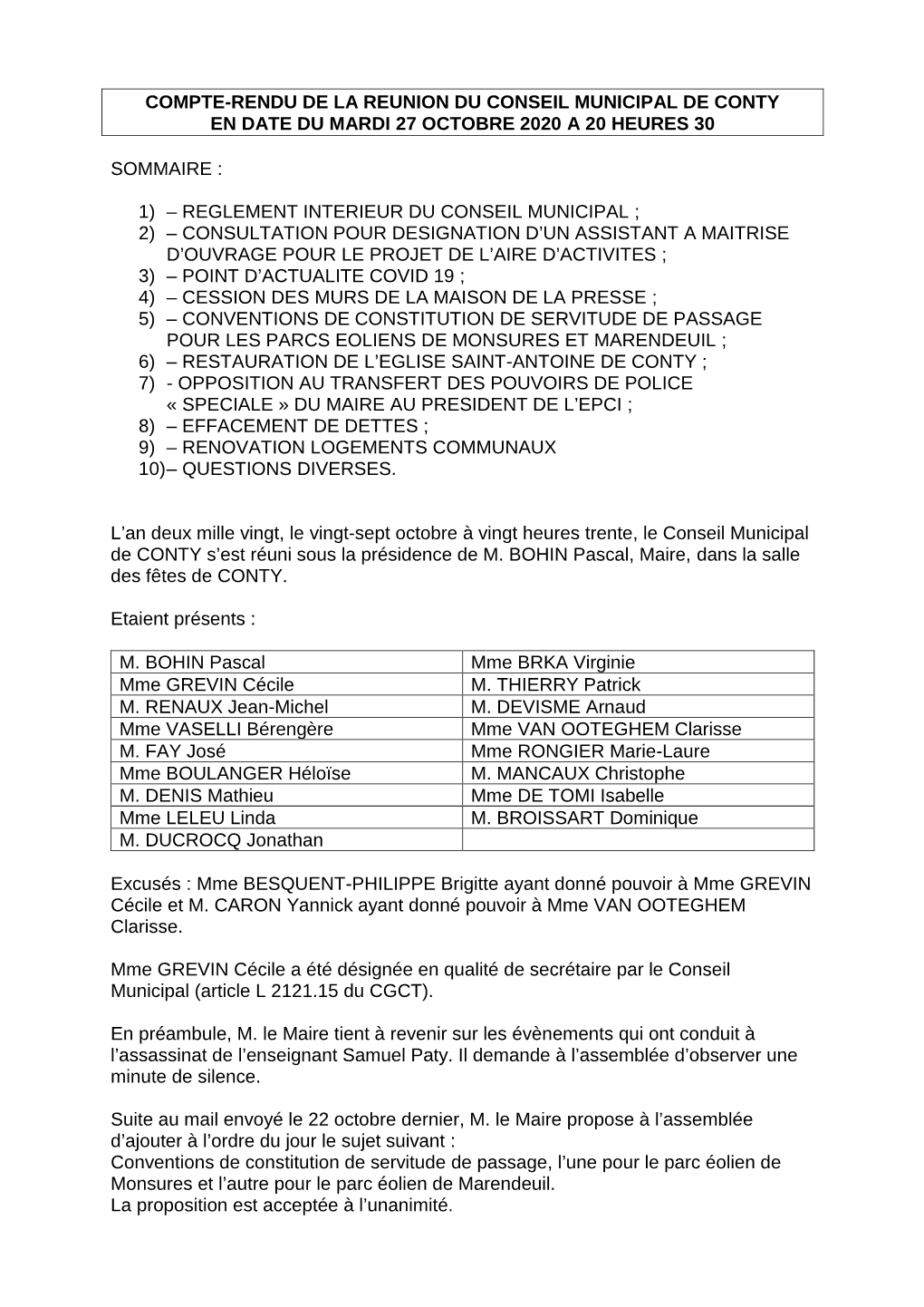 Compte-Rendu De La Reunion Du Conseil Municipal De Conty En Date Du Mardi 27 Octobre 2020 a 20 Heures 30