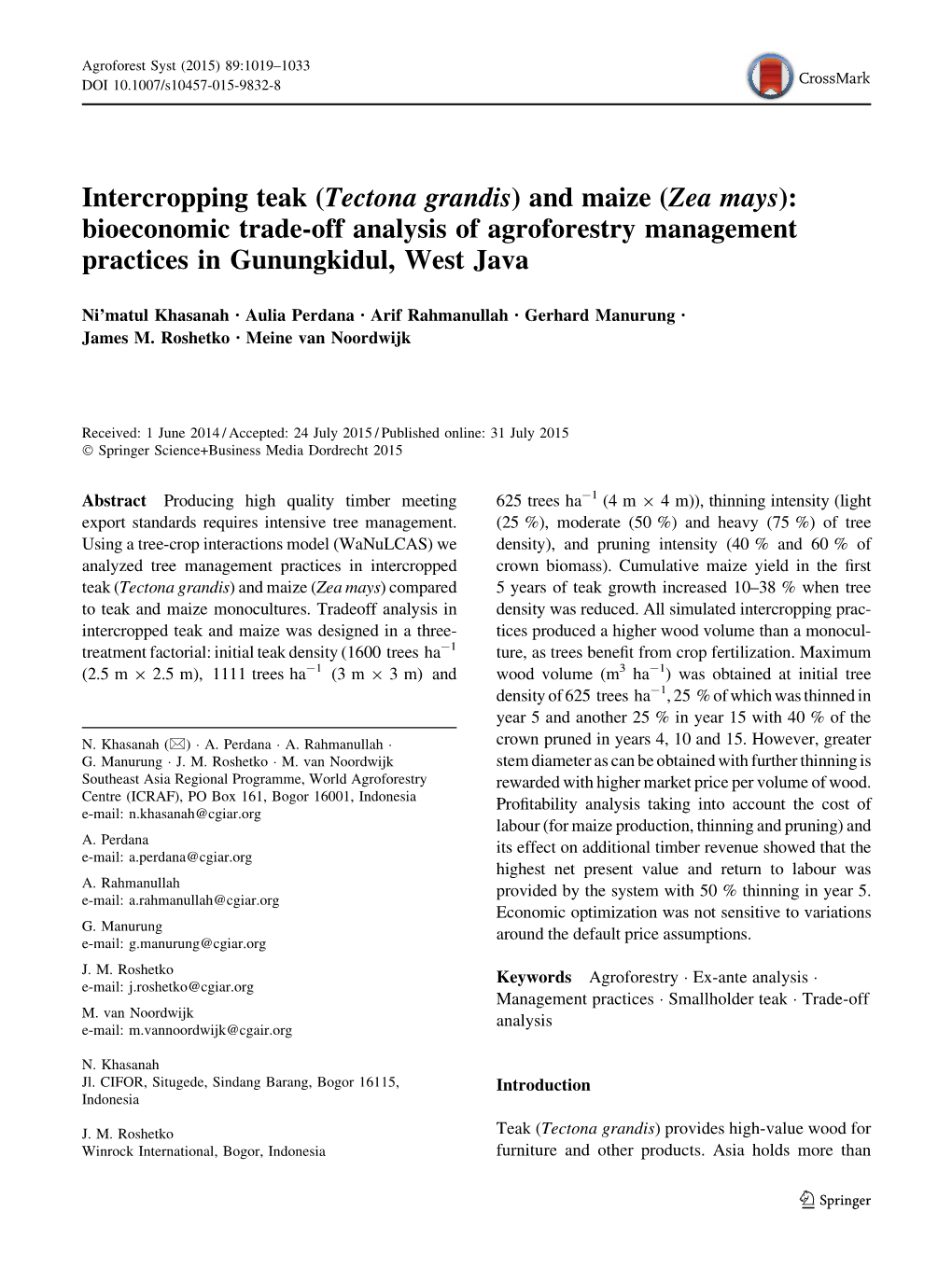 Intercropping Teak (Tectona Grandis) and Maize (Zea Mays): Bioeconomic Trade-Off Analysis of Agroforestry Management Practices in Gunungkidul, West Java