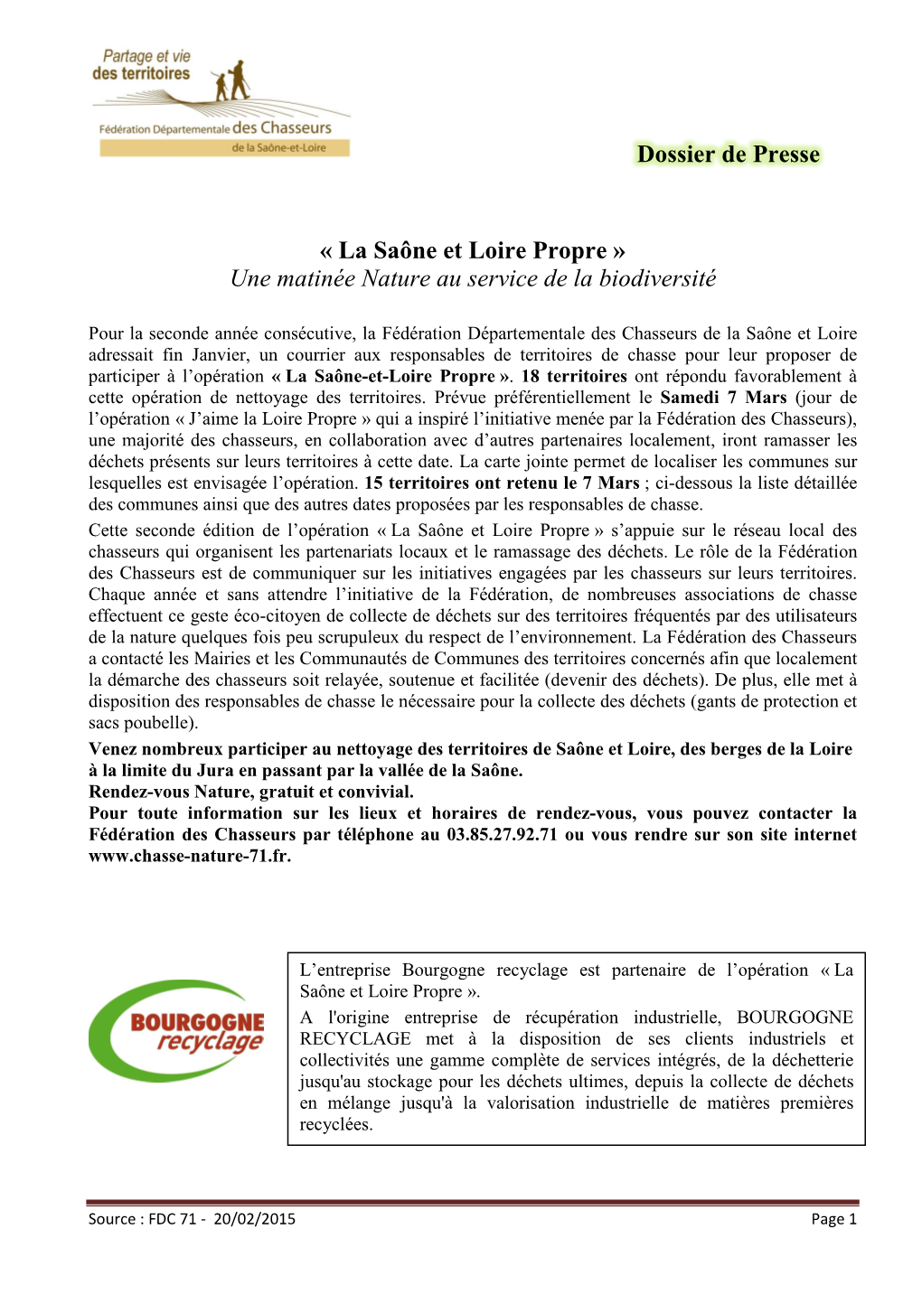 Dossier De Presse De L'opération Saône-Et-Loire Propre 2015