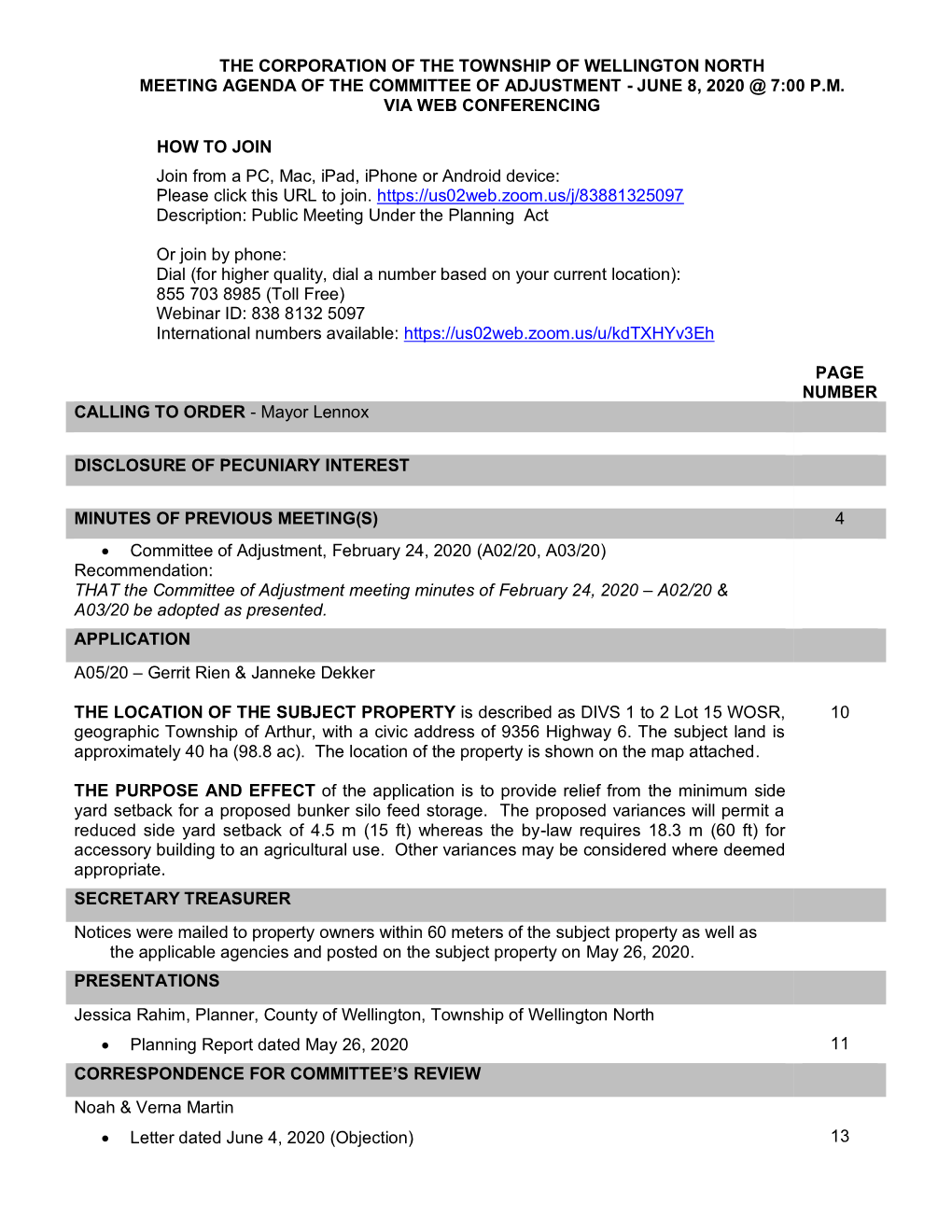 The Corporation of the Township of Wellington North Meeting Agenda of the Committee of Adjustment - June 8, 2020 @ 7:00 P.M