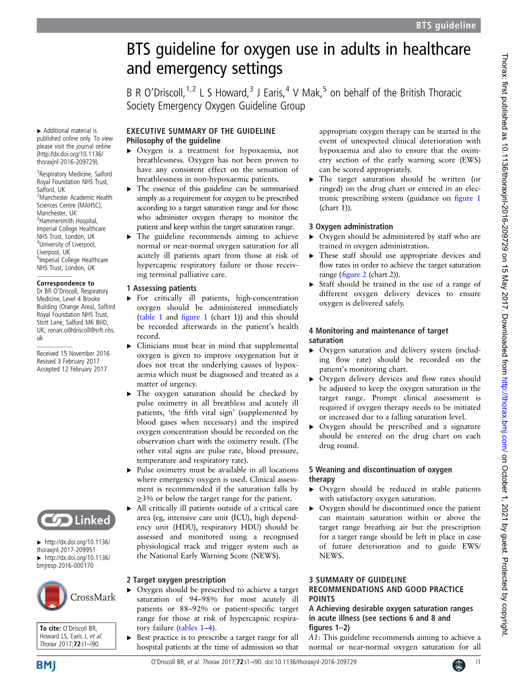 BTS Guideline for Oxygen Use in Adults in Healthcare and Emergency