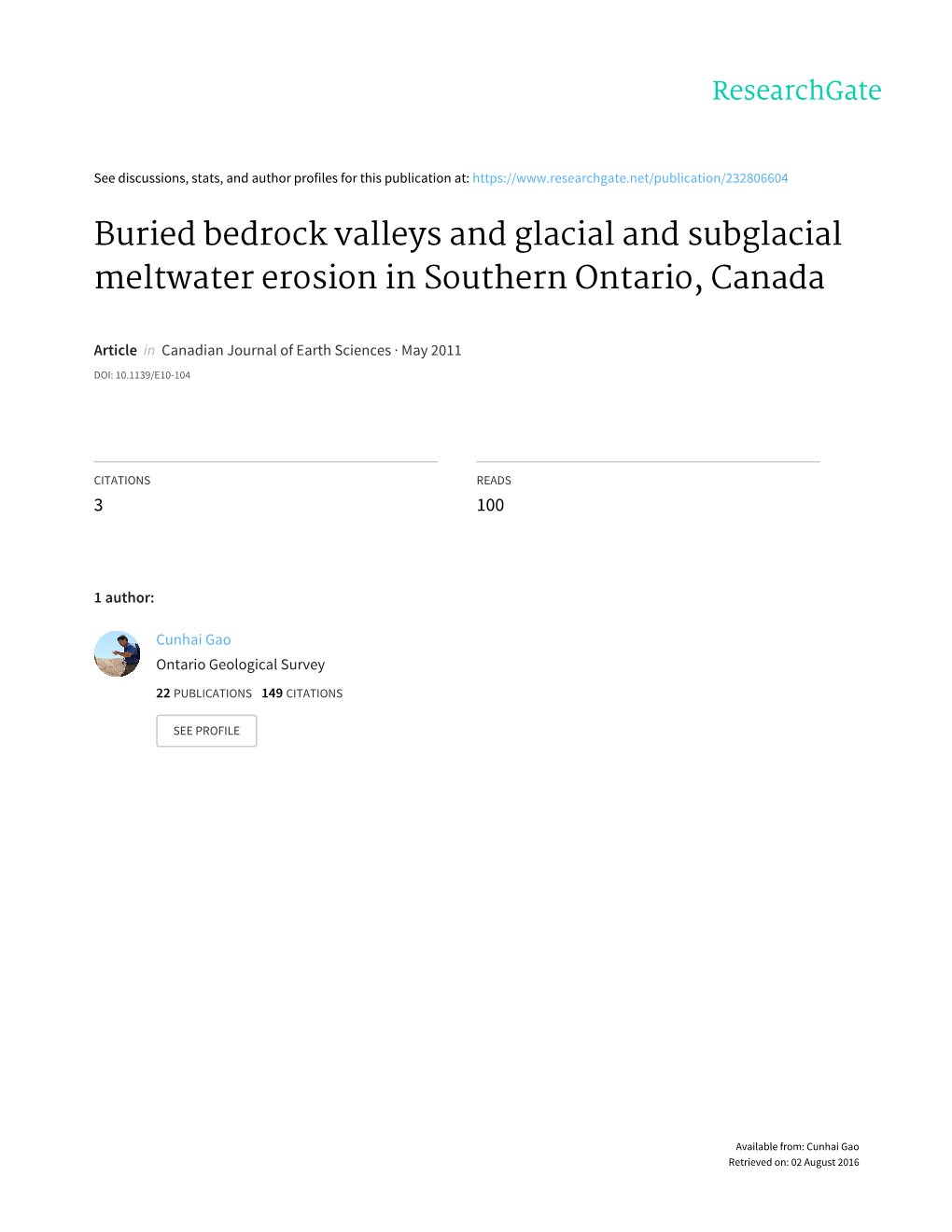 Buried Bedrock Valleys and Glacial and Subglacial Meltwater Erosion in Southern Ontario, Canada