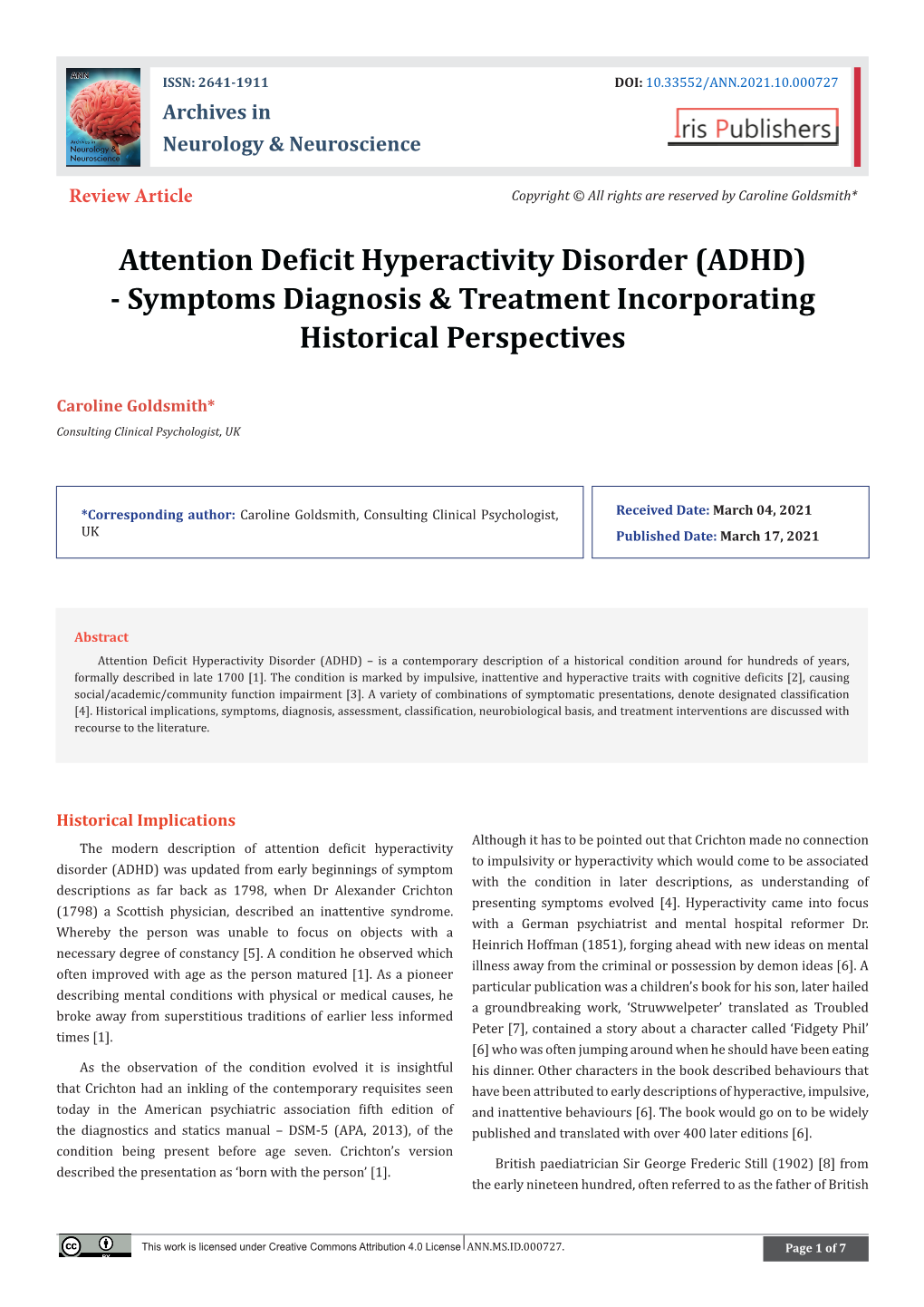 Attention Deficit Hyperactivity Disorder (ADHD) - Symptoms Diagnosis & Treatment Incorporating Historical Perspectives