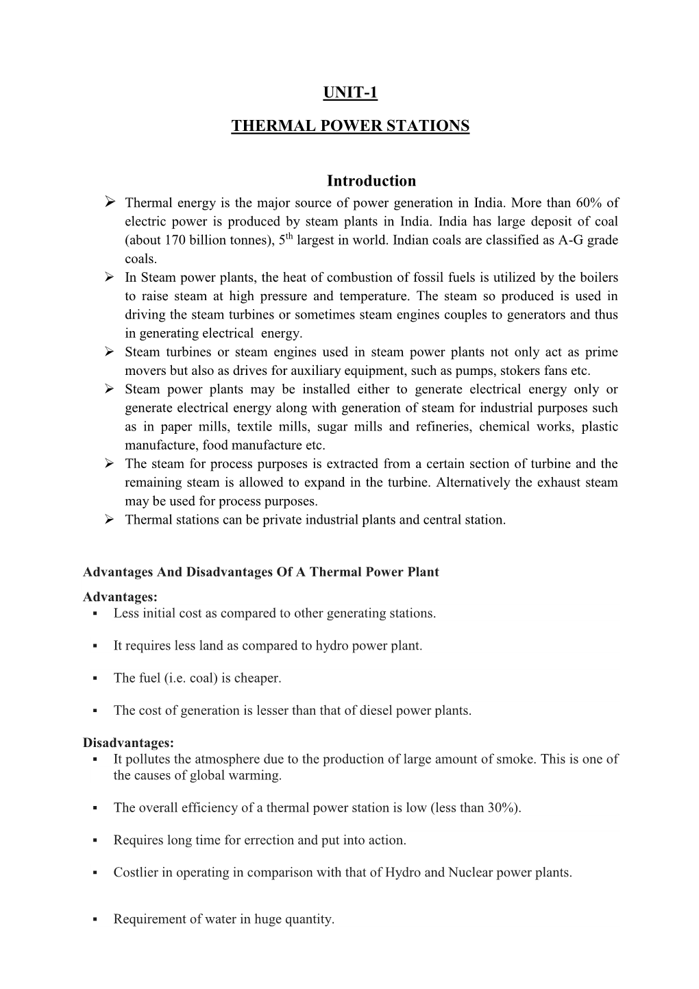 UNIT-1 THERMAL POWER STATIONS Introduction