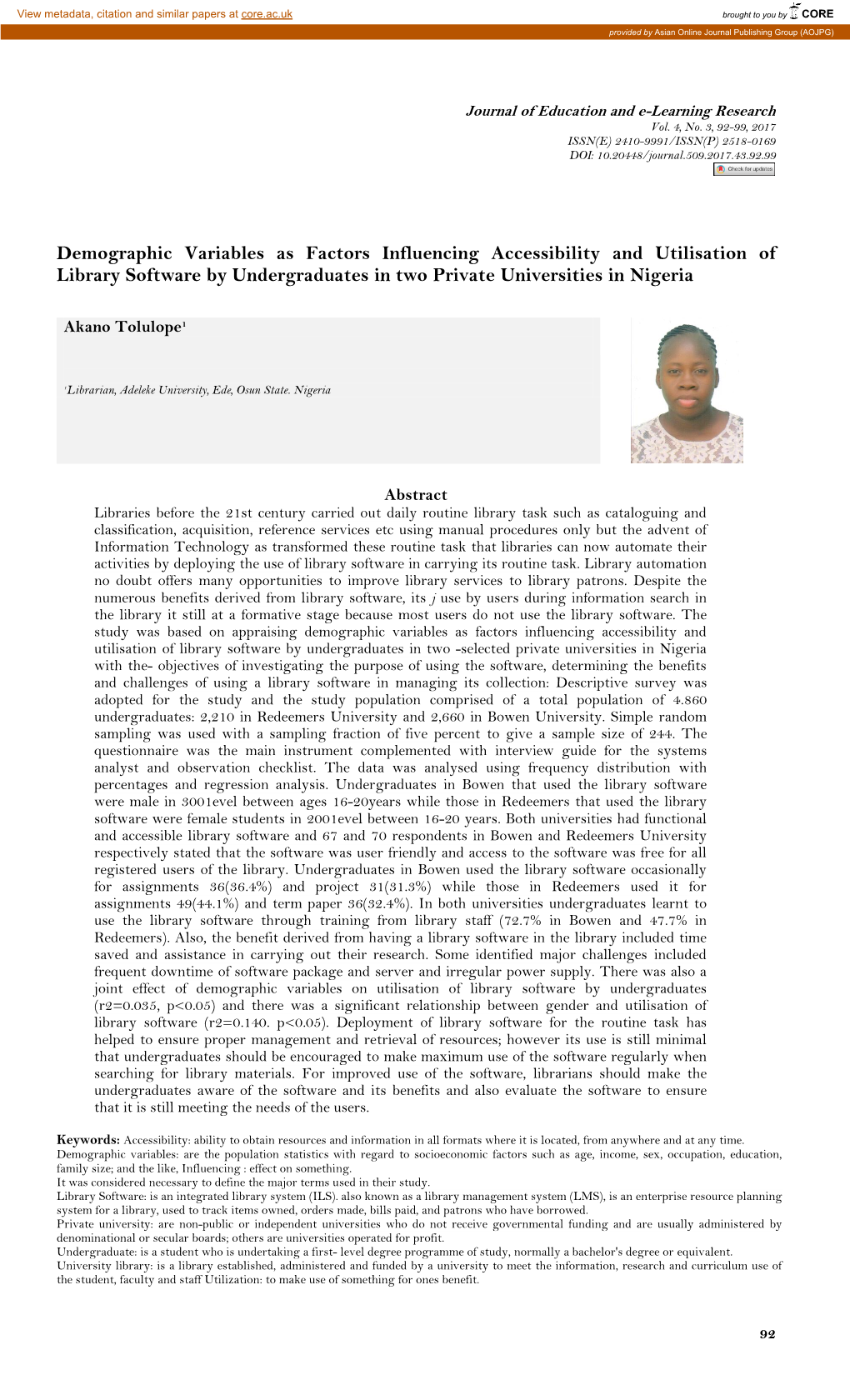 Demographic Variables As Factors Influencing Accessibility and Utilisation of Library Software by Undergraduates in Two Private Universities in Nigeria