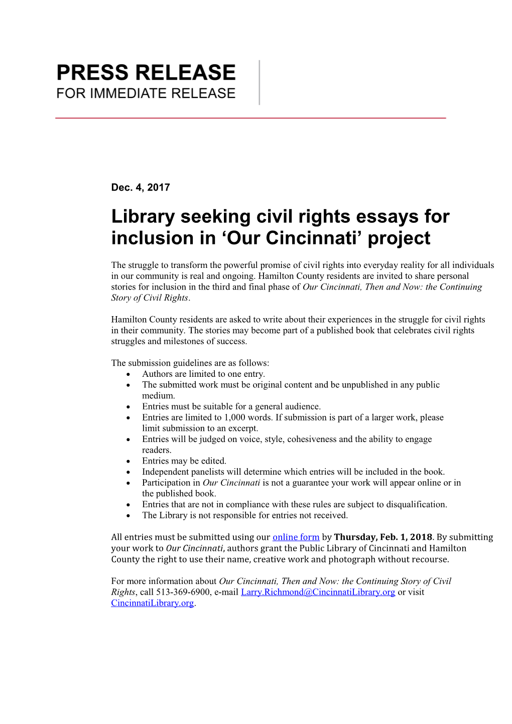 Library Seeking Civil Rights Essays for Inclusion in Our Cincinnati Project