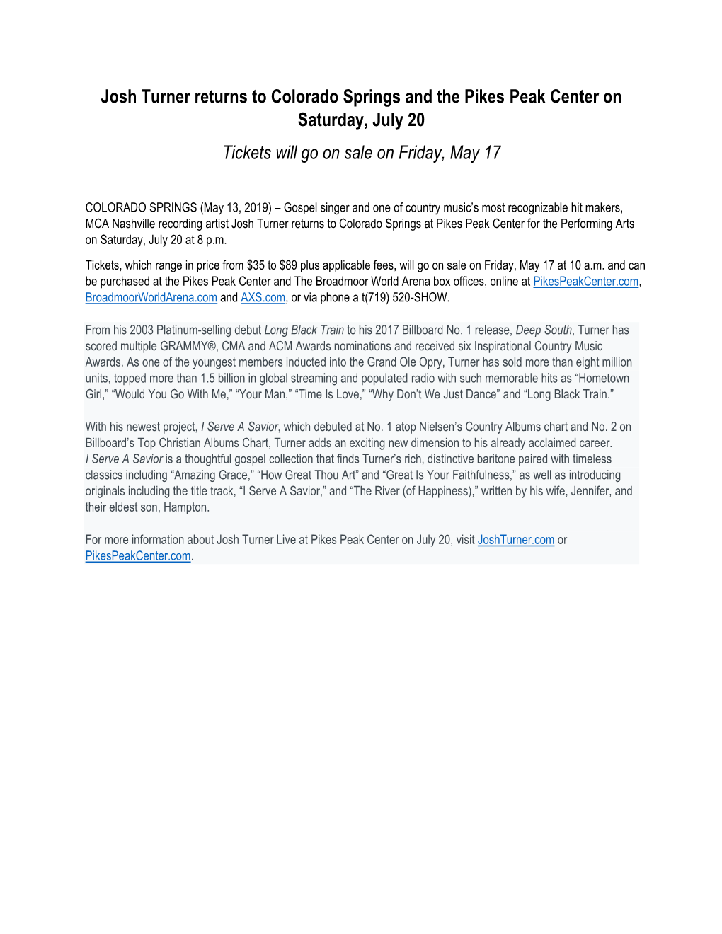 Josh Turner Returns to Colorado Springs and the Pikes Peak Center on Saturday, July 20 Tickets Will Go on Sale on Friday, May 17