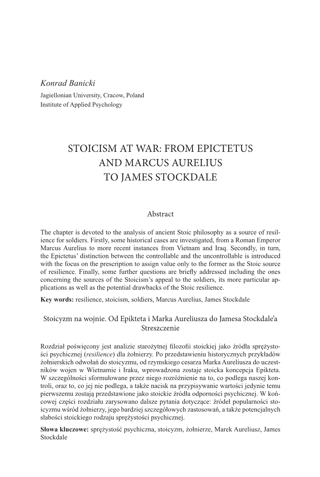 Stoicism at War: from Epictetus and Marcus Aurelius to James Stockdale