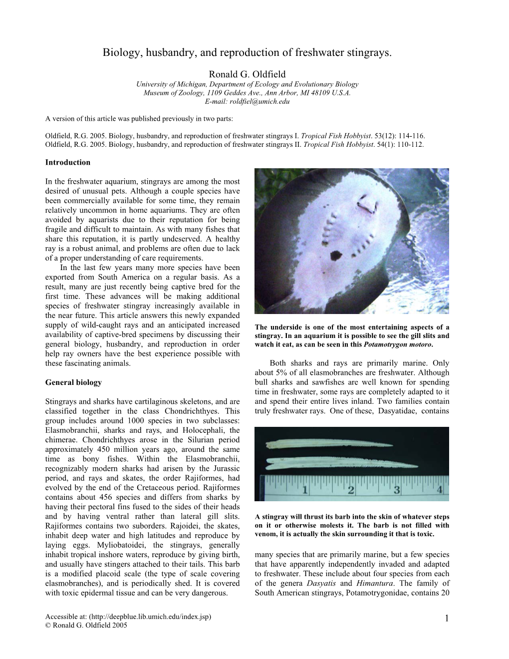 Biology, Husbandry, and Reproduction of Freshwater Stingrays