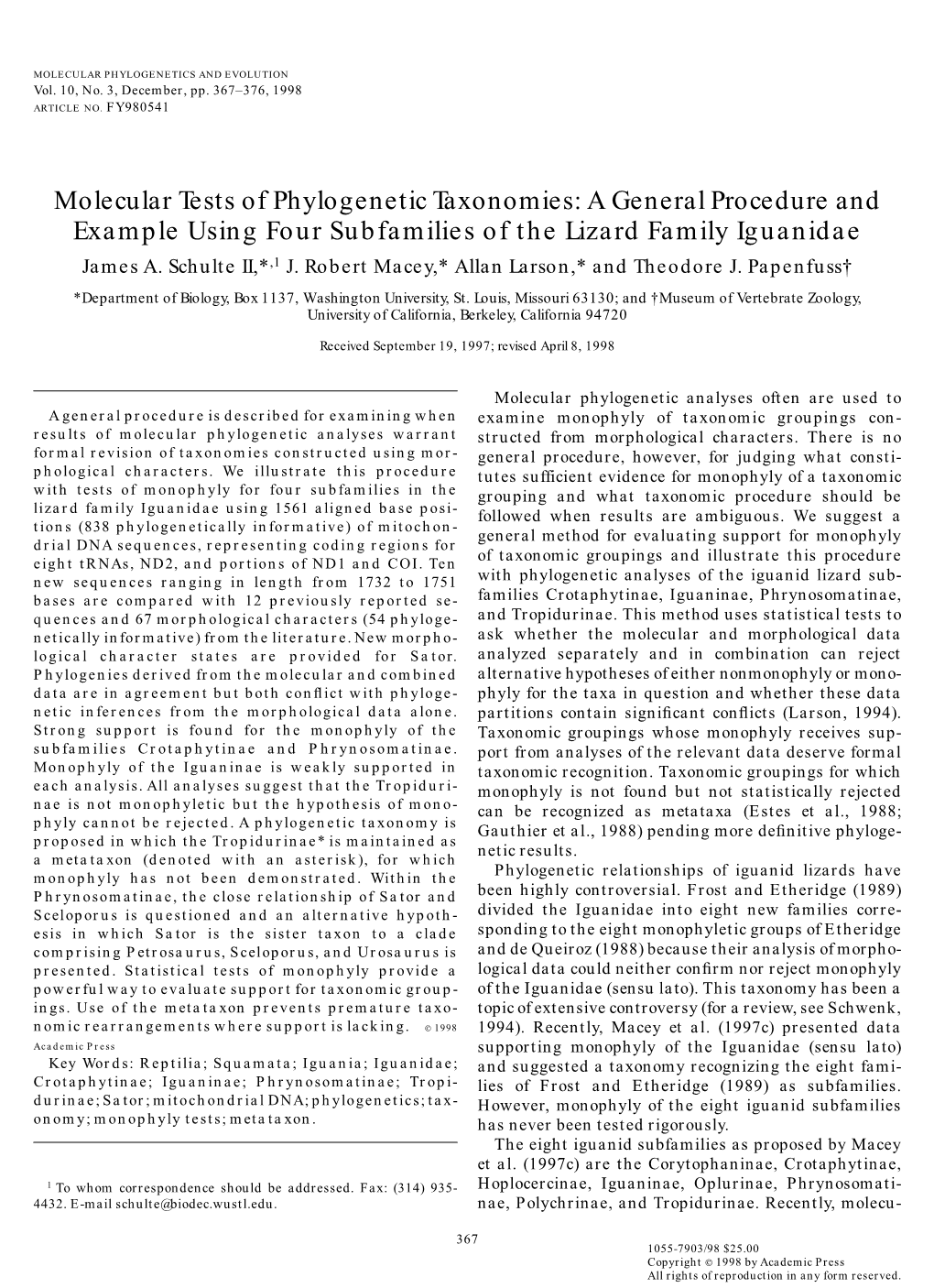 Molecular Tests of Phylogenetic Taxonomies: a General Procedure and Example Using Four Subfamilies of the Lizard Family Iguanidae James A