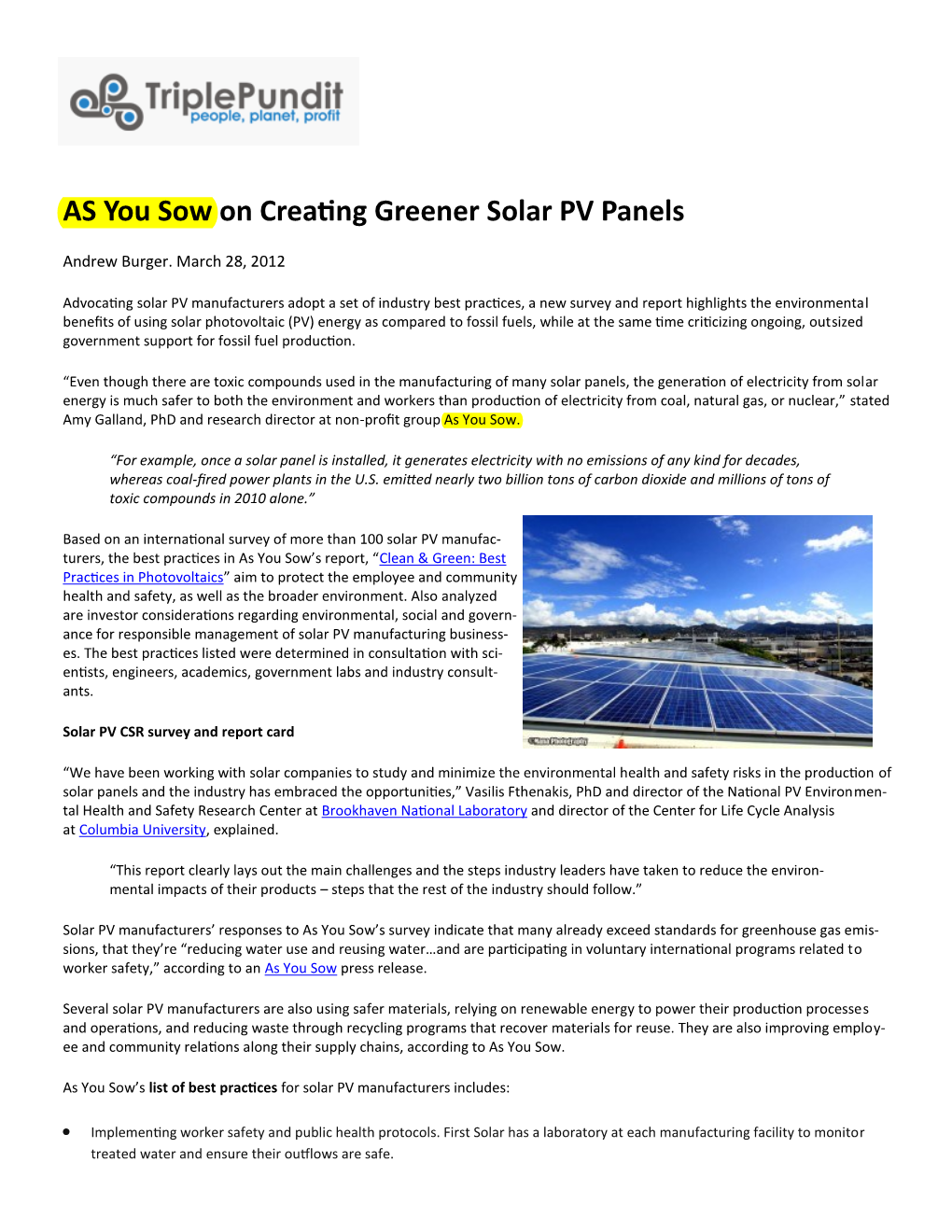 AS You Sow on Creating Greener Solar PV Panels