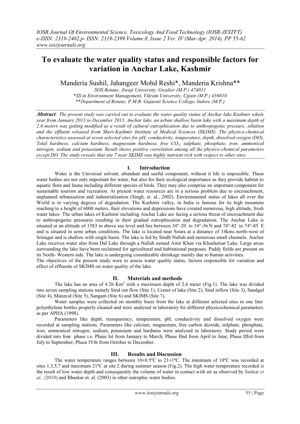 To Evaluate the Water Quality Status and Responsible Factors for Variation in Anchar Lake, Kashmir