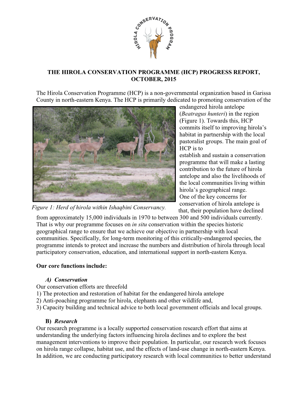 The Hirola Conservation Programme (Hcp) Progress Report, October, 2015