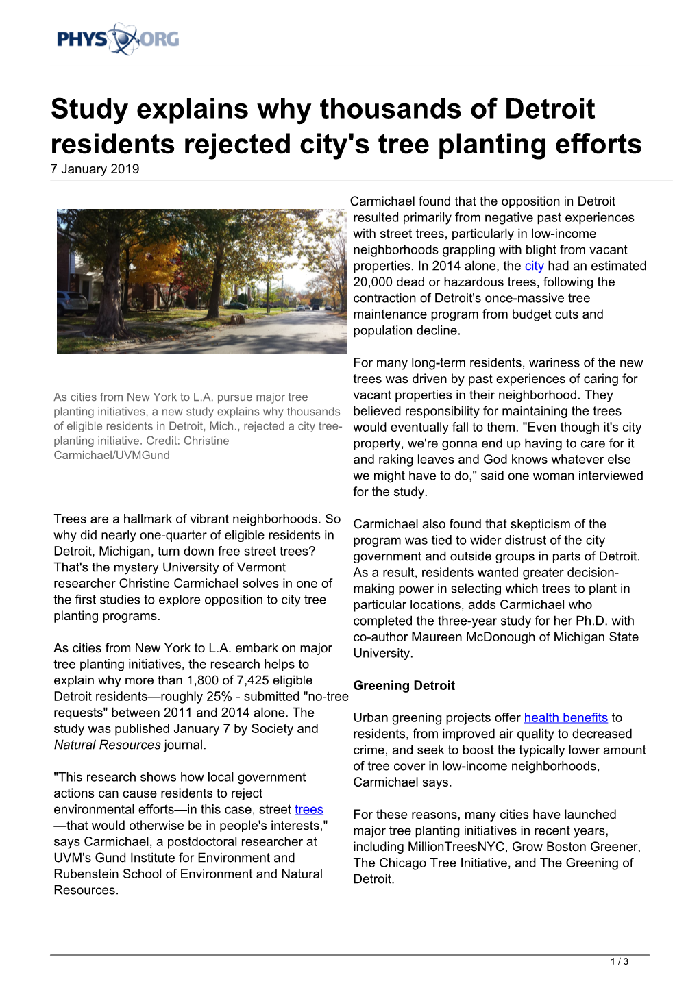 Study Explains Why Thousands of Detroit Residents Rejected City's Tree Planting Efforts 7 January 2019