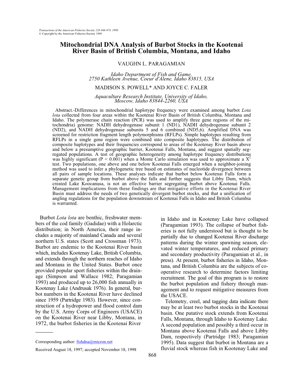 Mitochondrial DNA Analysis of Burbot Stocks in the Kootenai River Basin of British Columbia, Montana, and Idaho