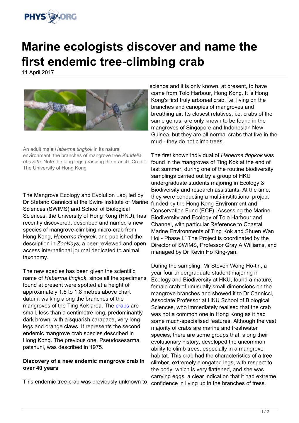 Marine Ecologists Discover and Name the First Endemic Tree-Climbing Crab 11 April 2017