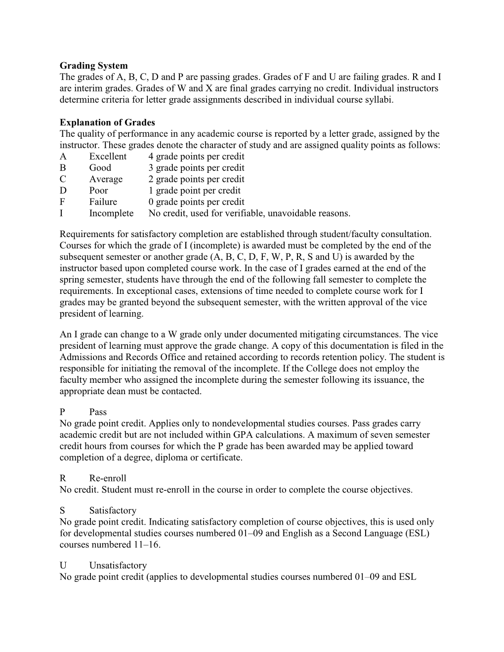 Grading System the Grades of A, B, C, D and P Are Passing Grades