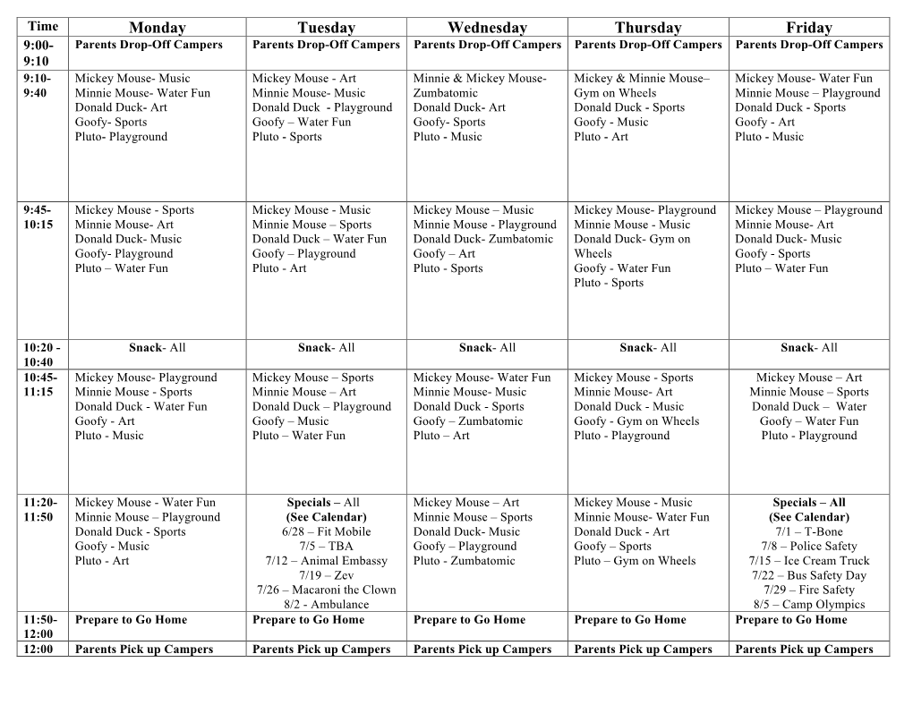 Tots Camp Schedule 2019