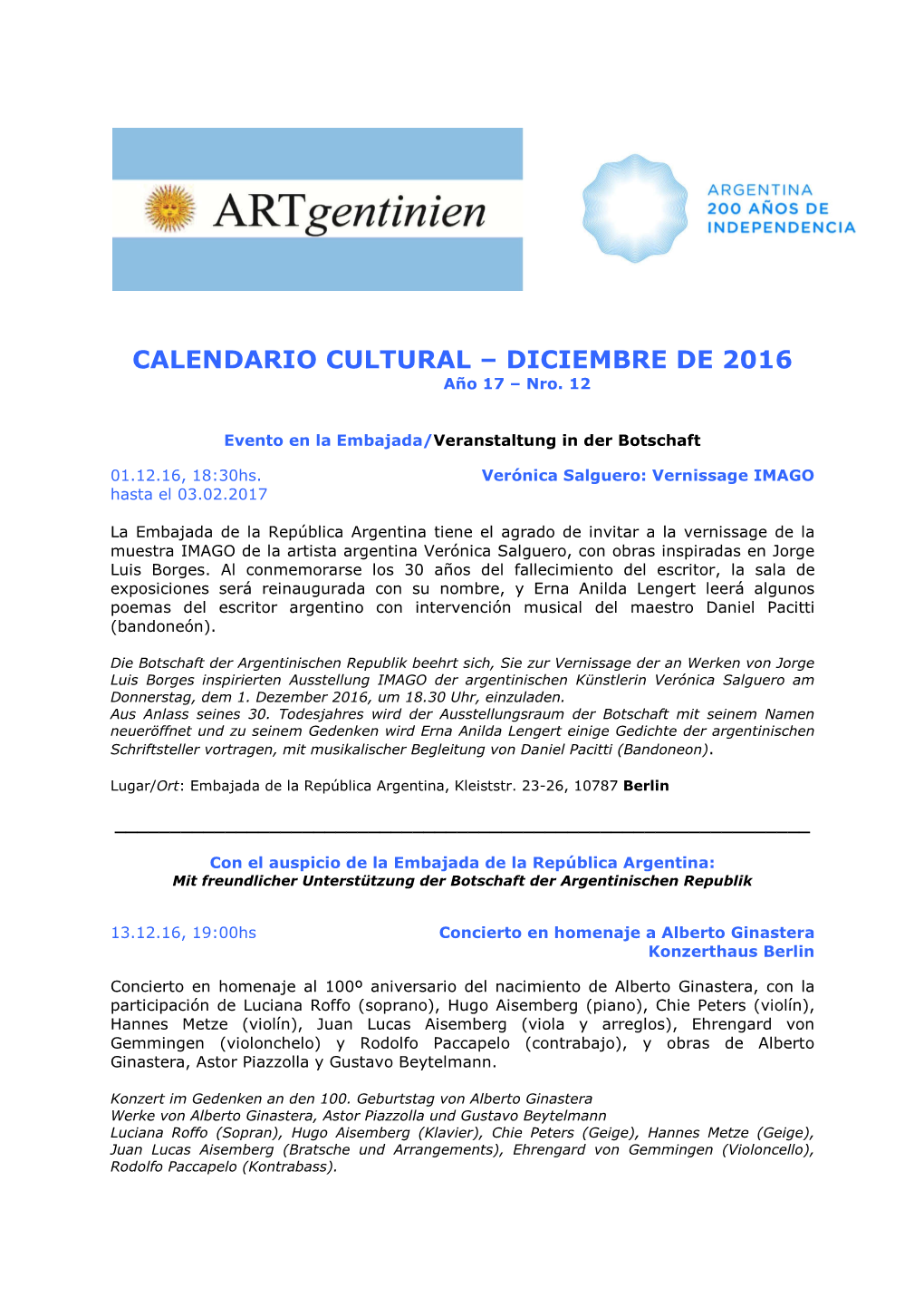 CALENDARIO CULTURAL – DICIEMBRE DE 2016 Año 17 – Nro