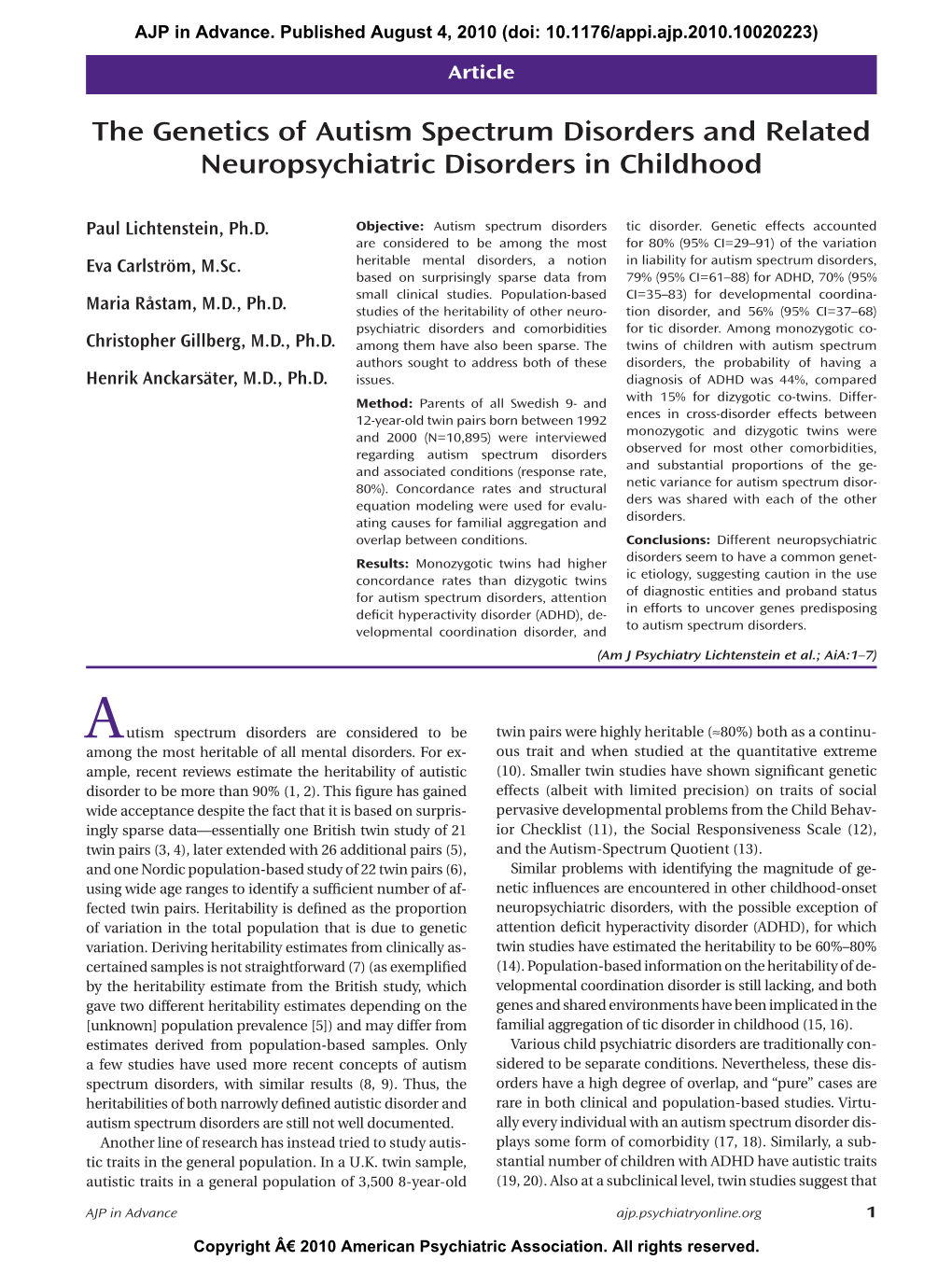 The Genetics of Autism Spectrum Disorders and Related Neuropsychiatric Disorders in Childhood