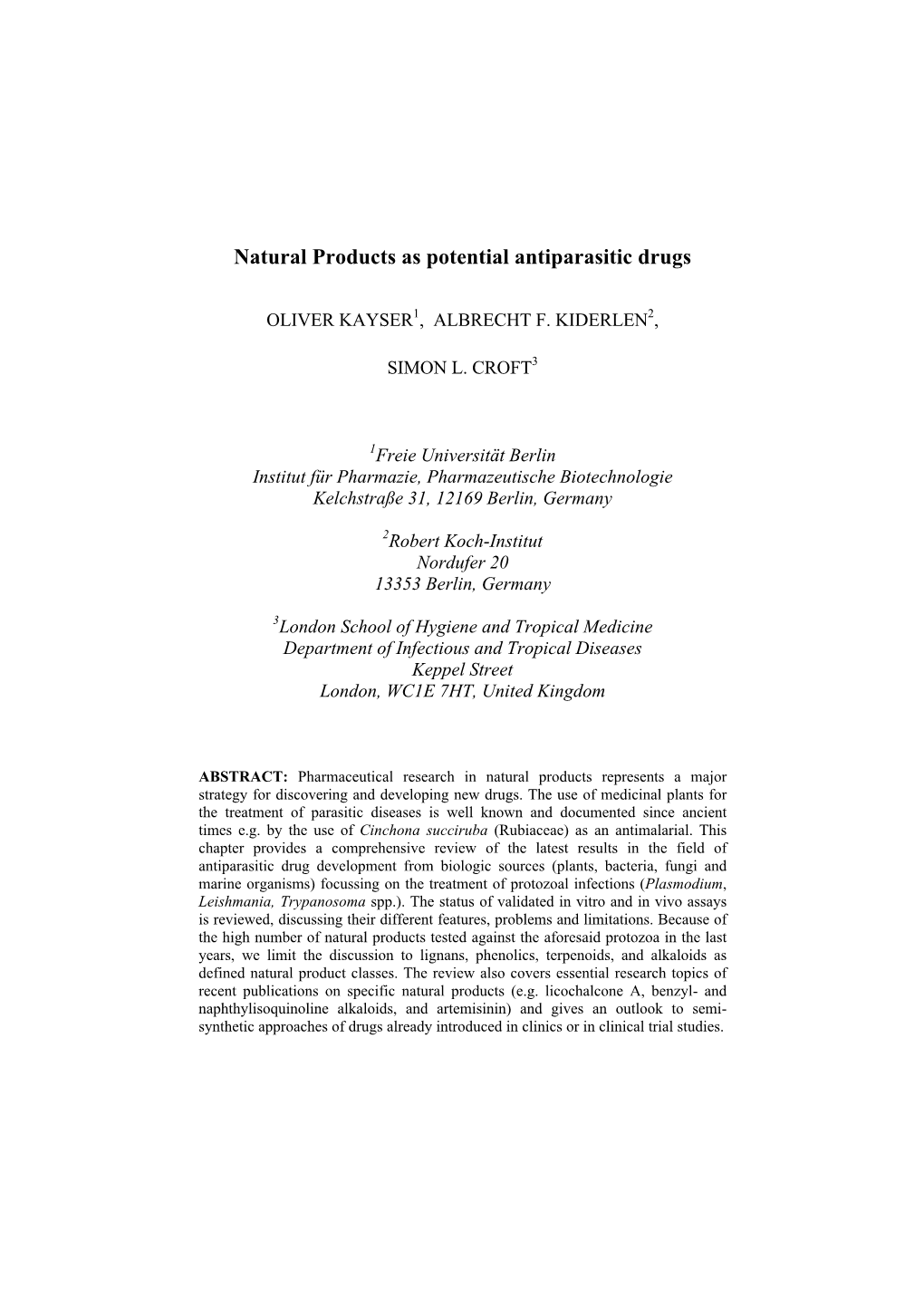 Natural Products As Potential Antiparasitic Drugs