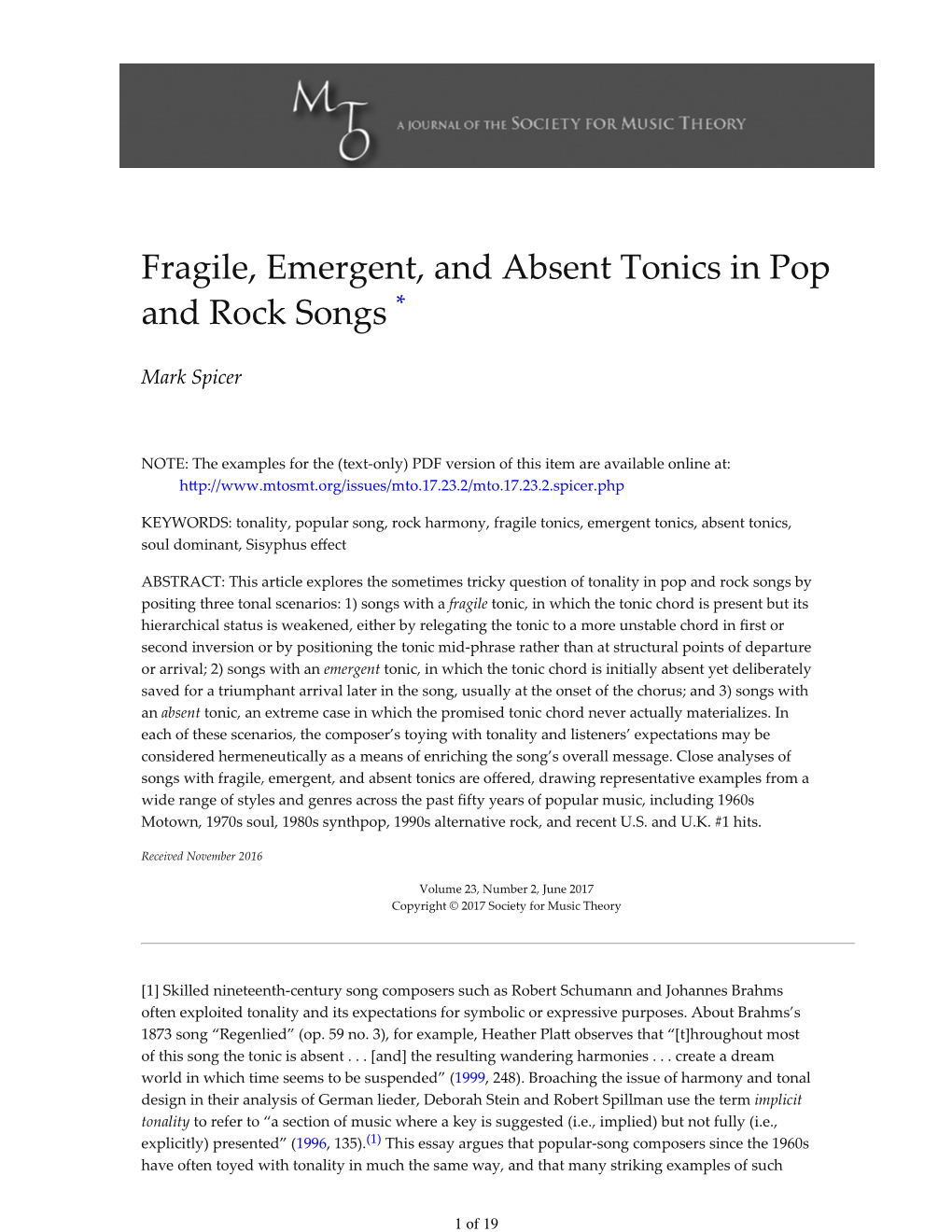 Fragile, Emergent, and Absent Tonics in Pop and Rock Songs *