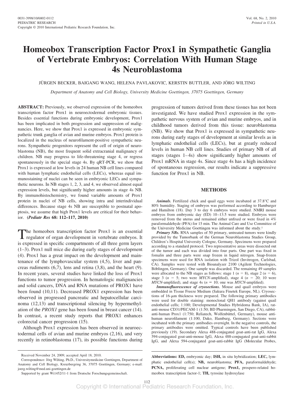 Homeobox Transcription Factor Prox1 in Sympathetic Ganglia of Vertebrate Embryos: Correlation with Human Stage 4S Neuroblastoma