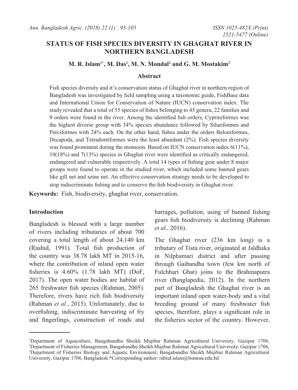 Status of Fish Species Diversity in Ghaghat River in Northern Bangladesh M