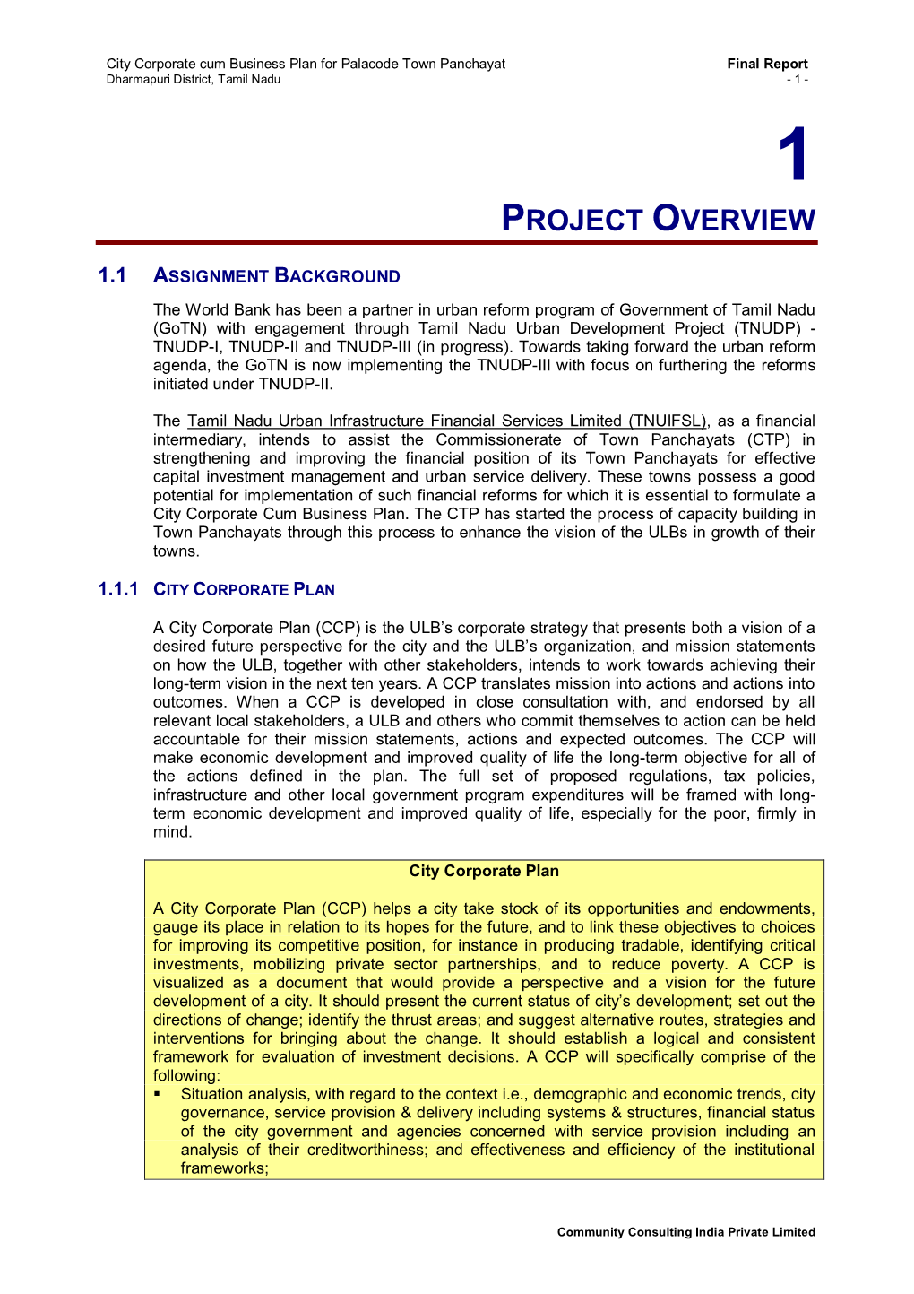 Palacode Town Panchayat Final Report Dharmapuri District, Tamil Nadu - 1