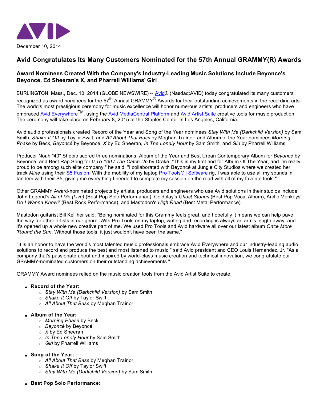 Avid Congratulates Its Many Customers Nominated for the 57Th Annual GRAMMY(R) Awards