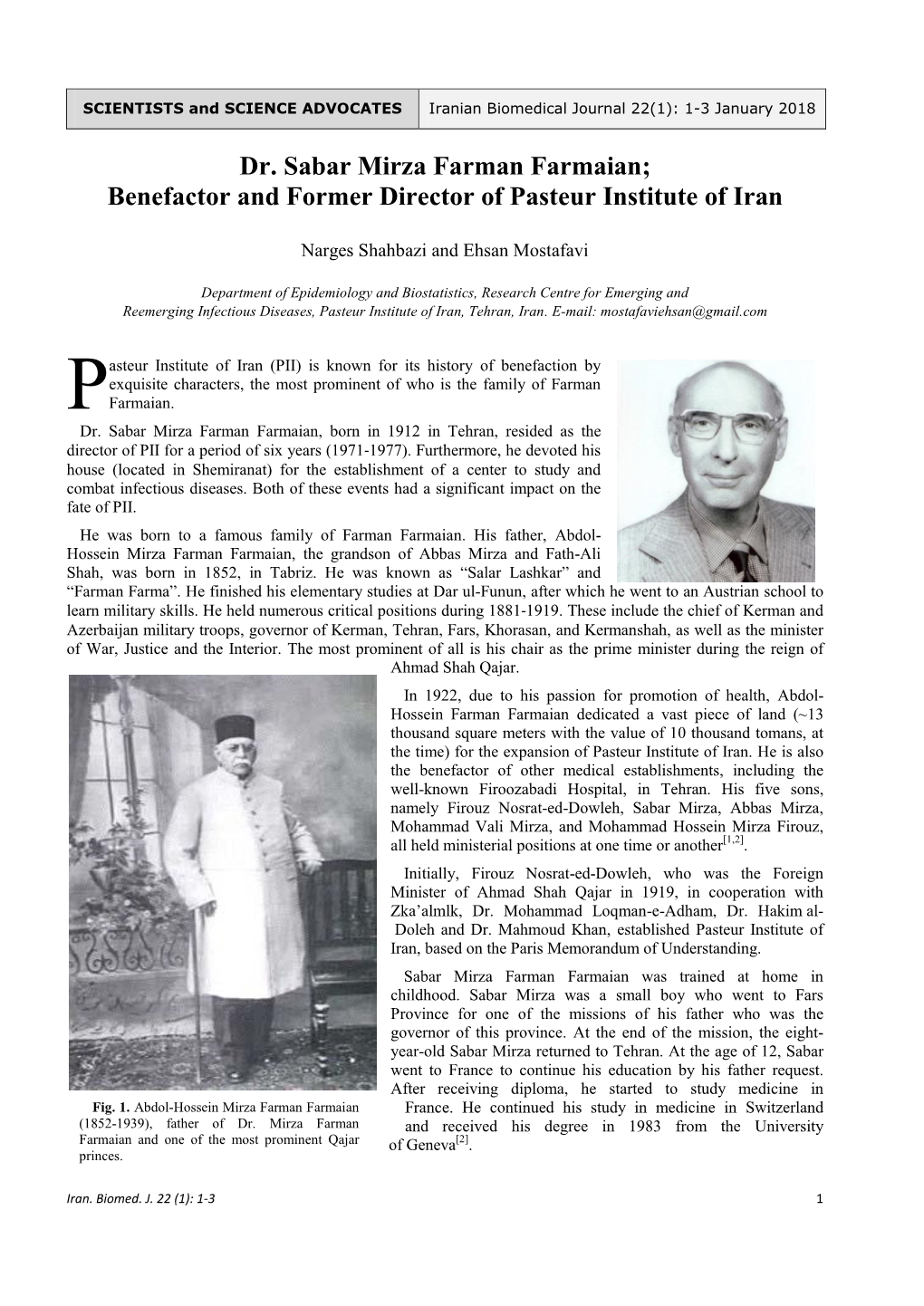 Dr. Sabar Mirza Farman Farmaian; Benefactor and Former Director of Pasteur Institute of Iran