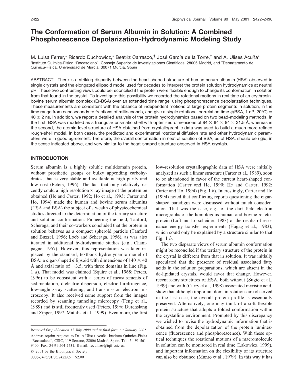 The Conformation of Serum Albumin in Solution: a Combined Phosphorescence Depolarization-Hydrodynamic Modeling Study