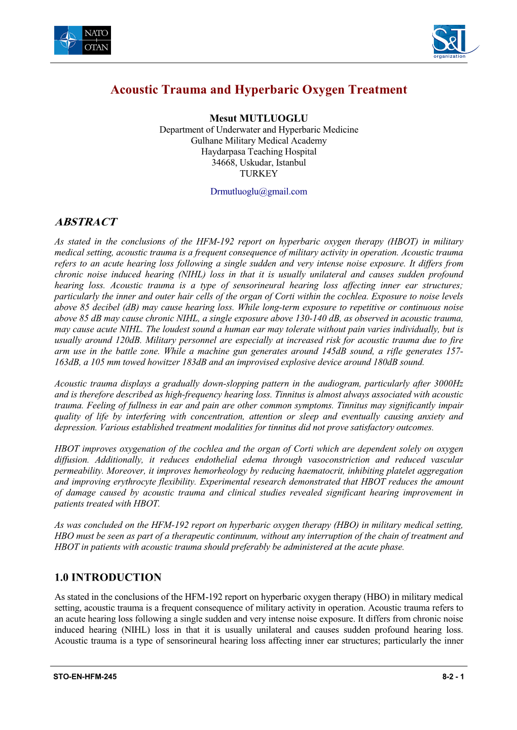 Acoustic Trauma and Hyperbaric Oxygen Treatment