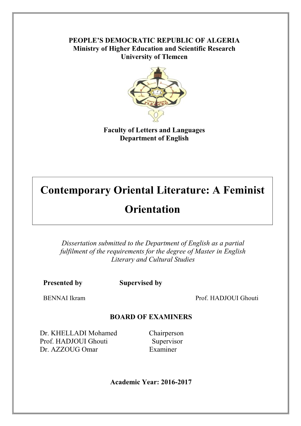 Contemporary Oriental Literature: a Feminist Orientation