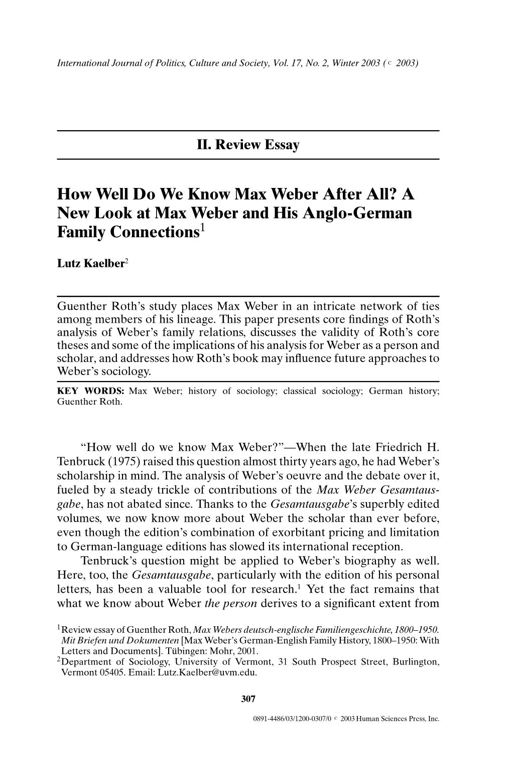 A New Look at Max Weber and His Anglo-German Family Connections1