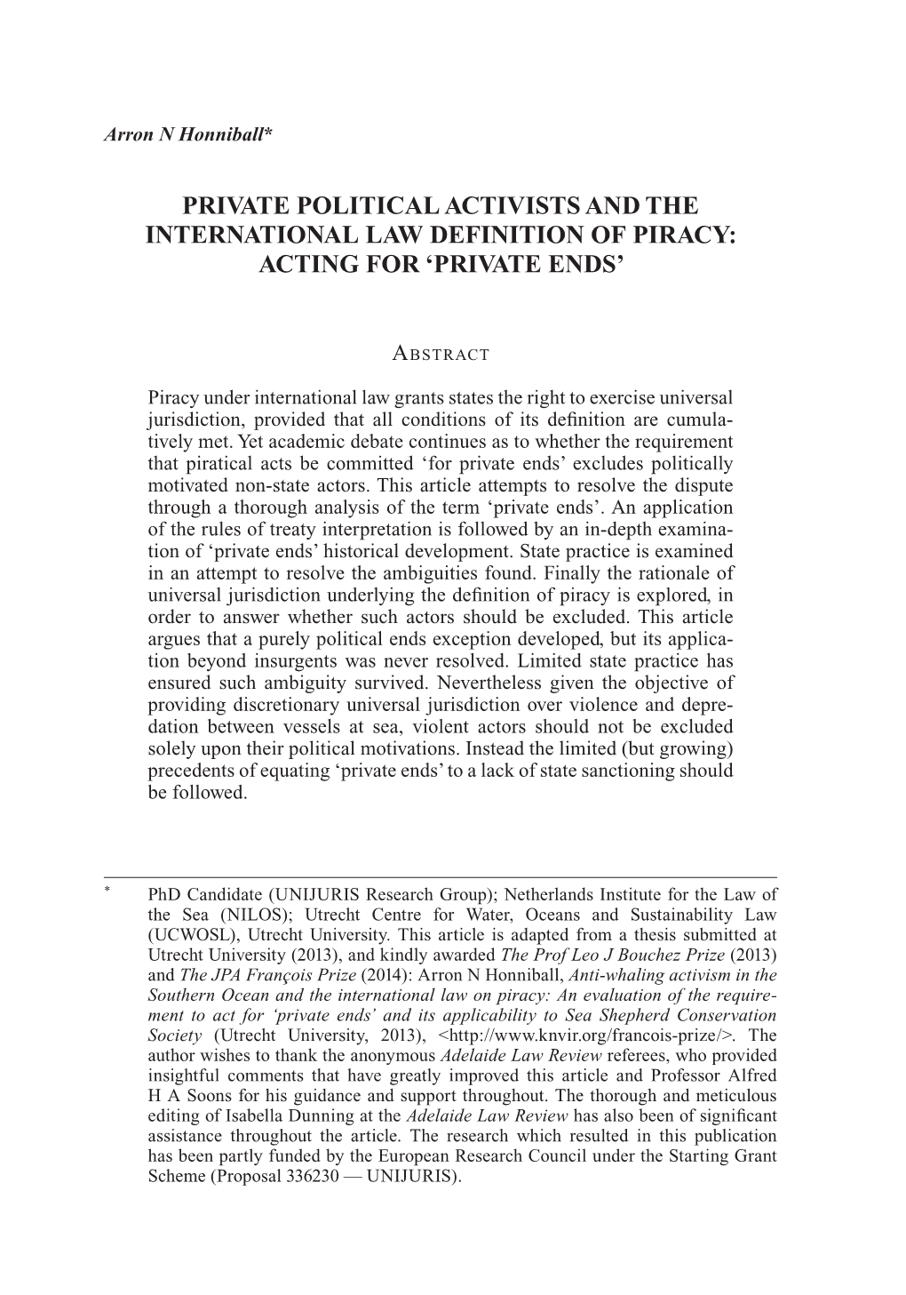 Private Political Activists and the International Law Definition of Piracy: Acting for ‘Private Ends’