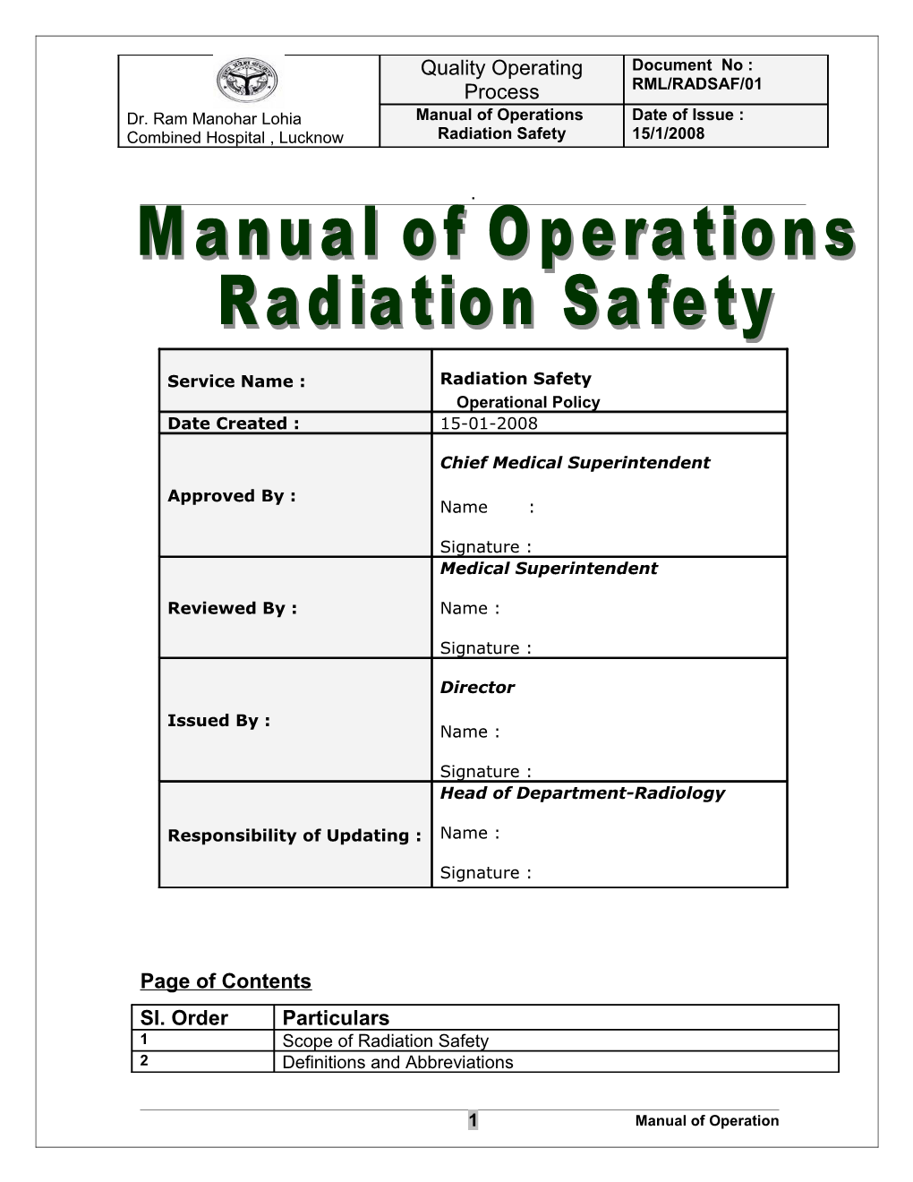 Procedure Manual Page of Contents