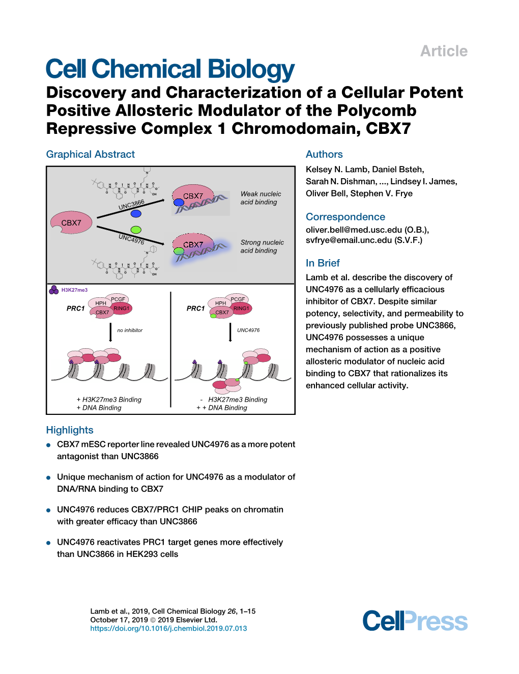 Discovery and Characterization of a Cellular Potent Positive Allosteric Modulator of the Polycomb Repressive Complex 1 Chromodomain, CBX7