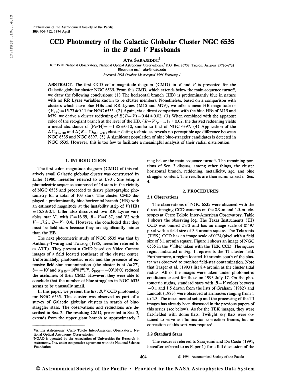 Publications of the Astronomical Society of the Pacific 106: 404-412, 1994 April