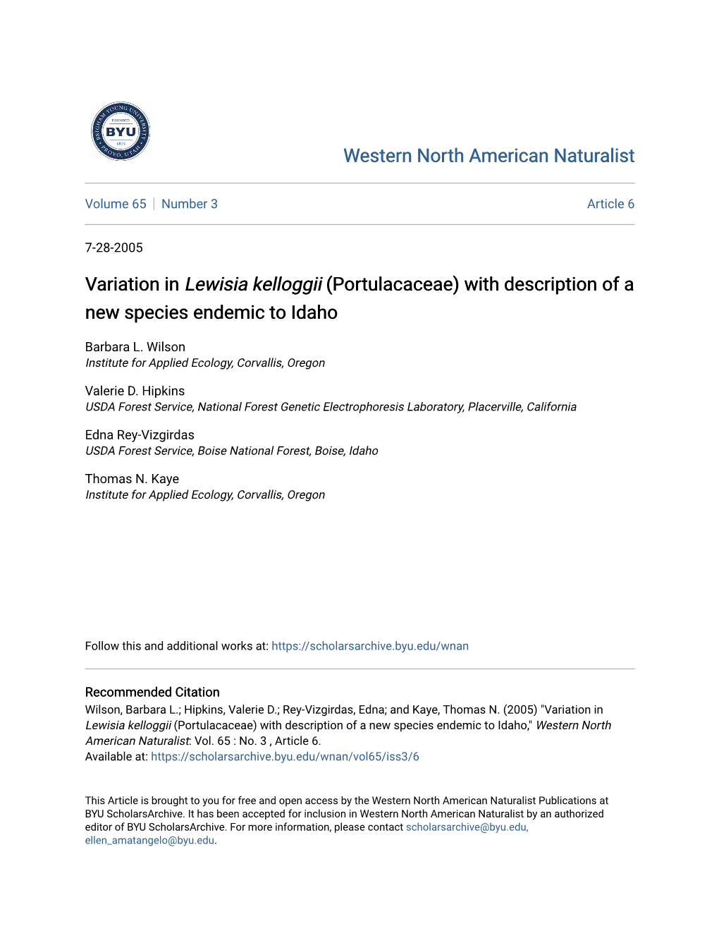 Variation in Lewisia Kelloggii (Portulacaceae) with Description of a New Species Endemic to Idaho