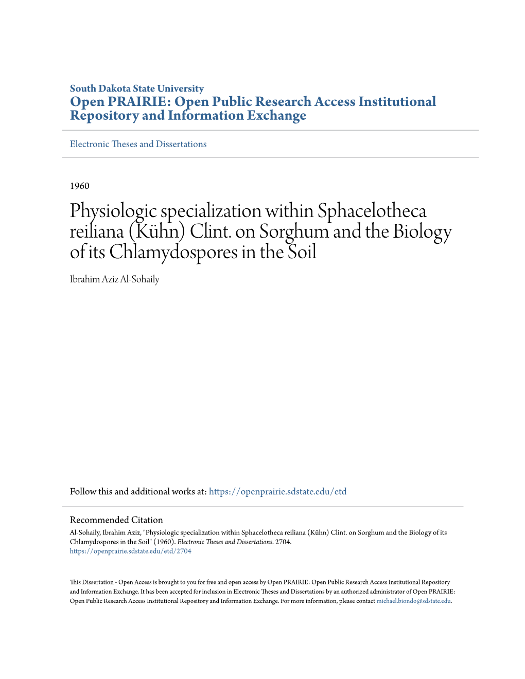 Physiologic Specialization Within Sphacelotheca Reiliana (Kühn) Clint