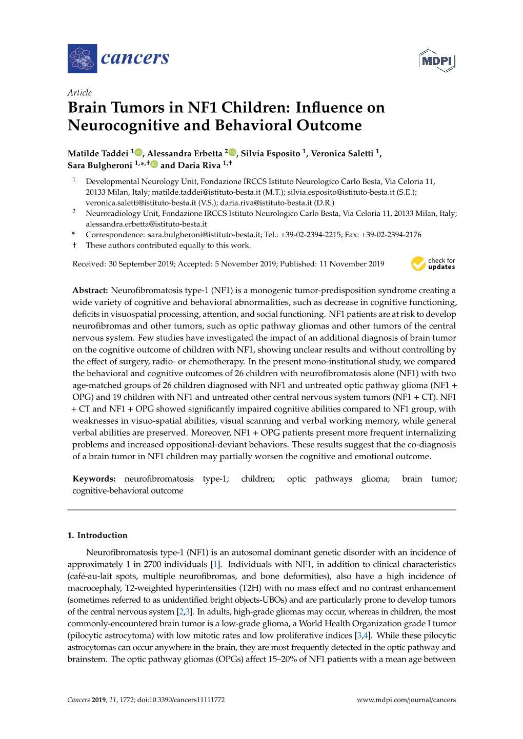 Brain Tumors in NF1 Children: Inﬂuence on Neurocognitive and Behavioral Outcome