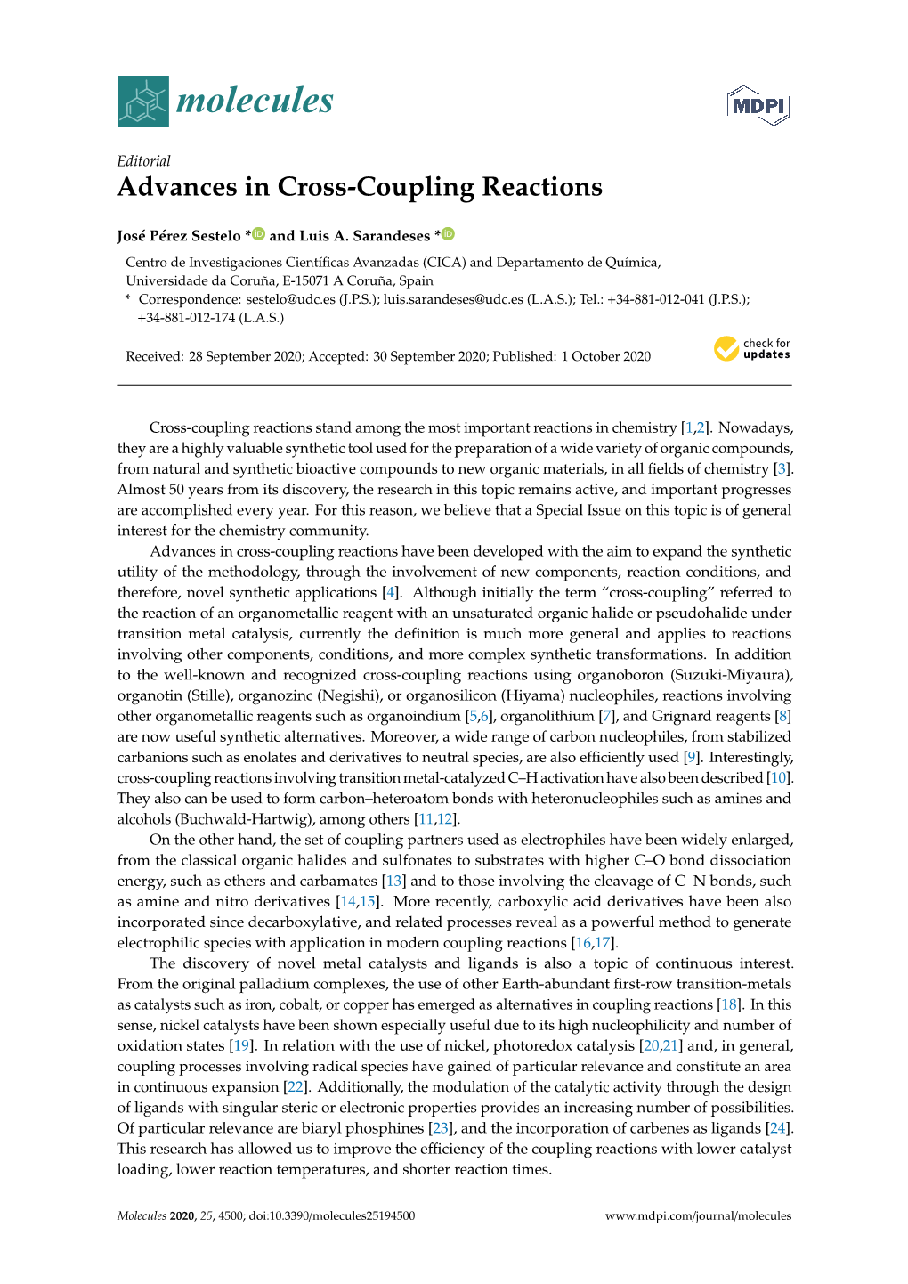 Advances in Cross-Coupling Reactions