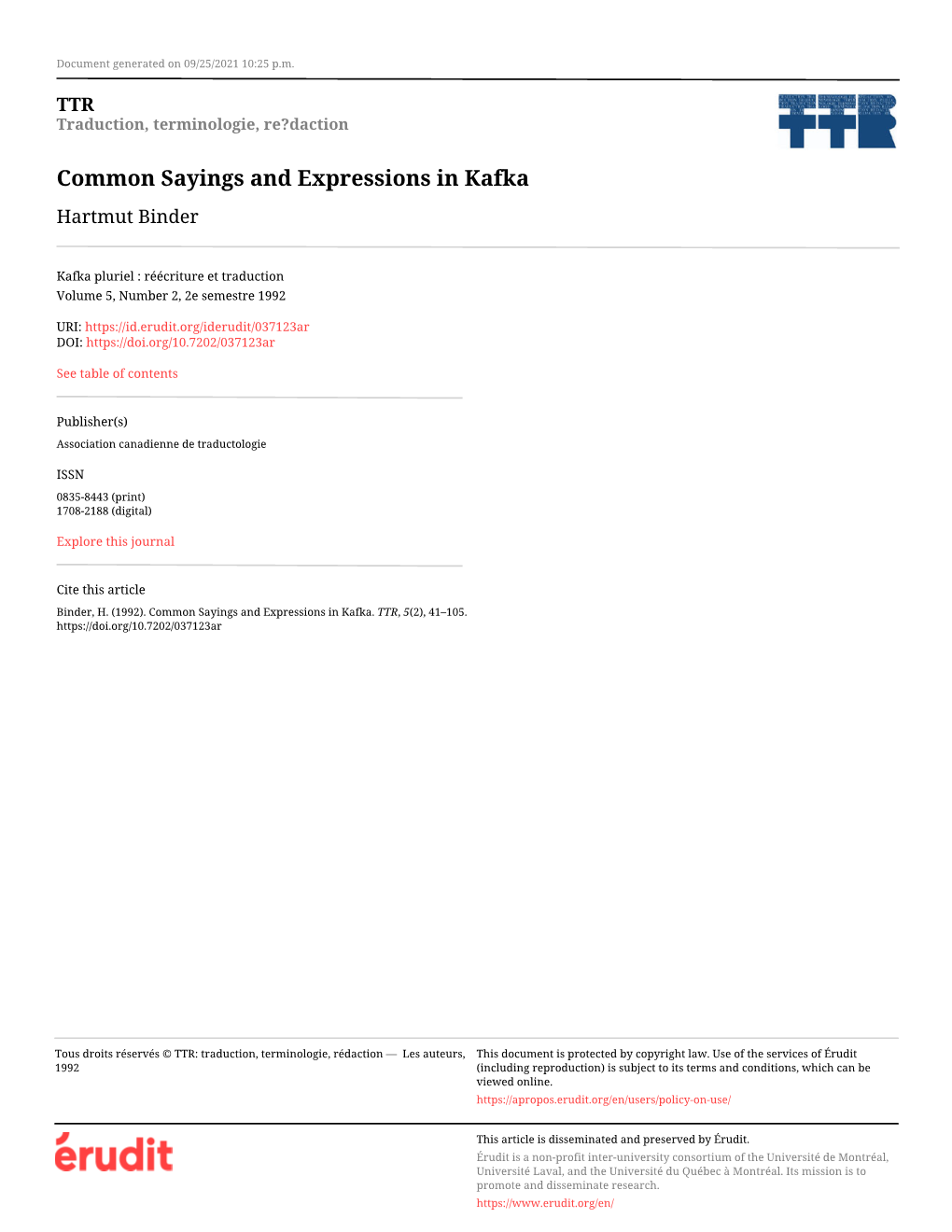 Common Sayings and Expressions in Kafka Hartmut Binder