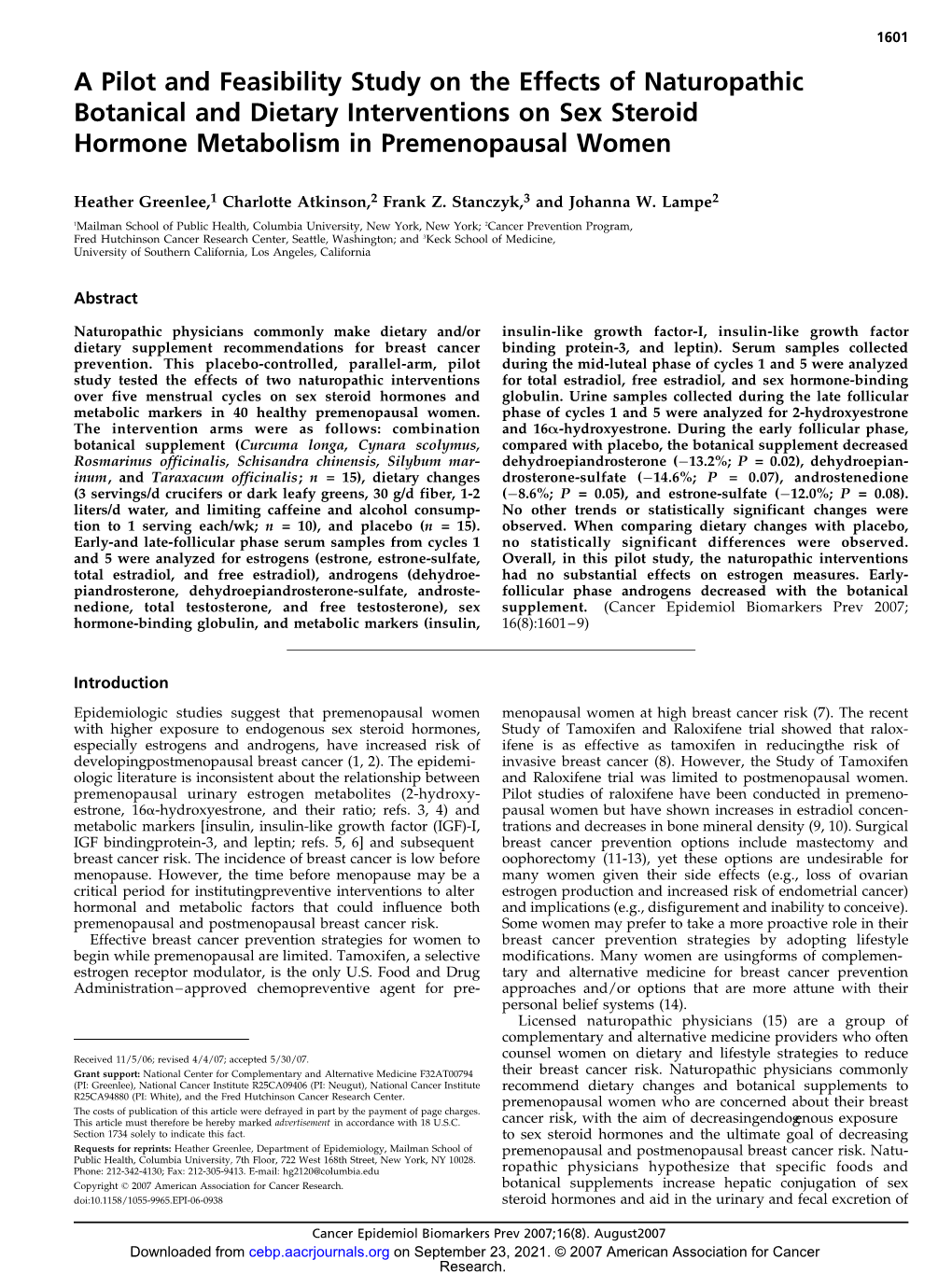 A Pilot and Feasibility Study on the Effects of Naturopathic Botanical and Dietary Interventions on Sex Steroid Hormone Metabolism in Premenopausal Women