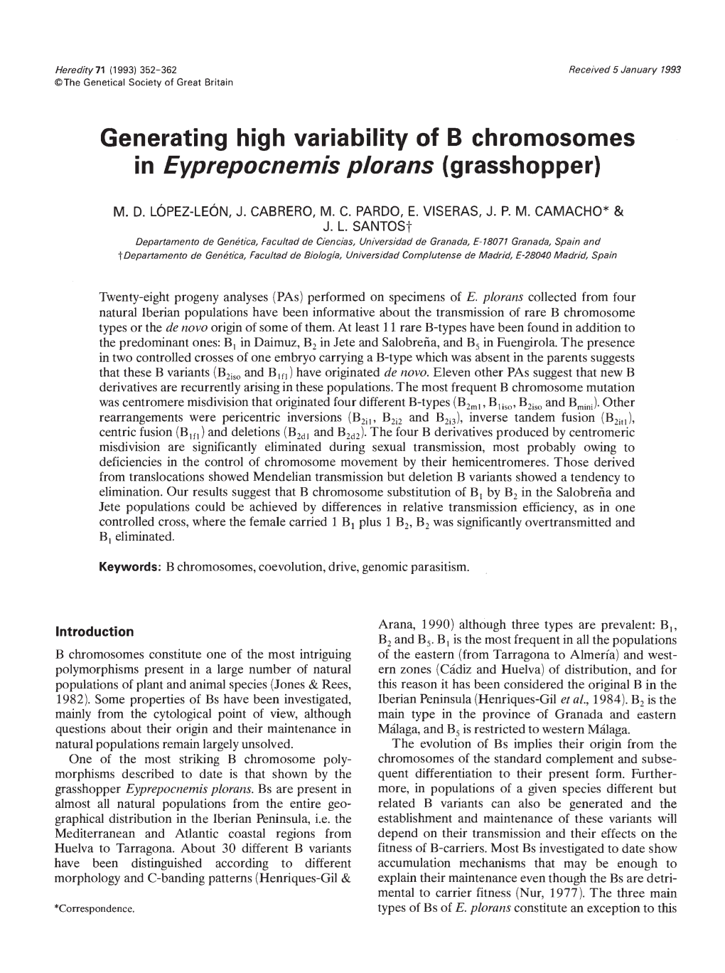 Generating High Variability of B Chromosomes in Eyprepocnemis Plorans (Grasshopper)