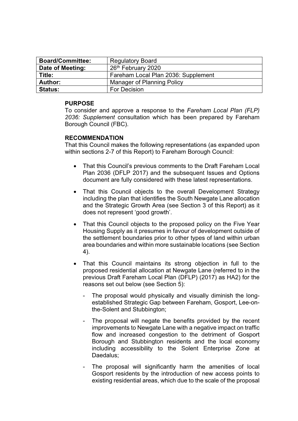 Fareham Local Plan 2036: Supplement Author: Manager of Planning Policy Status: for Decision